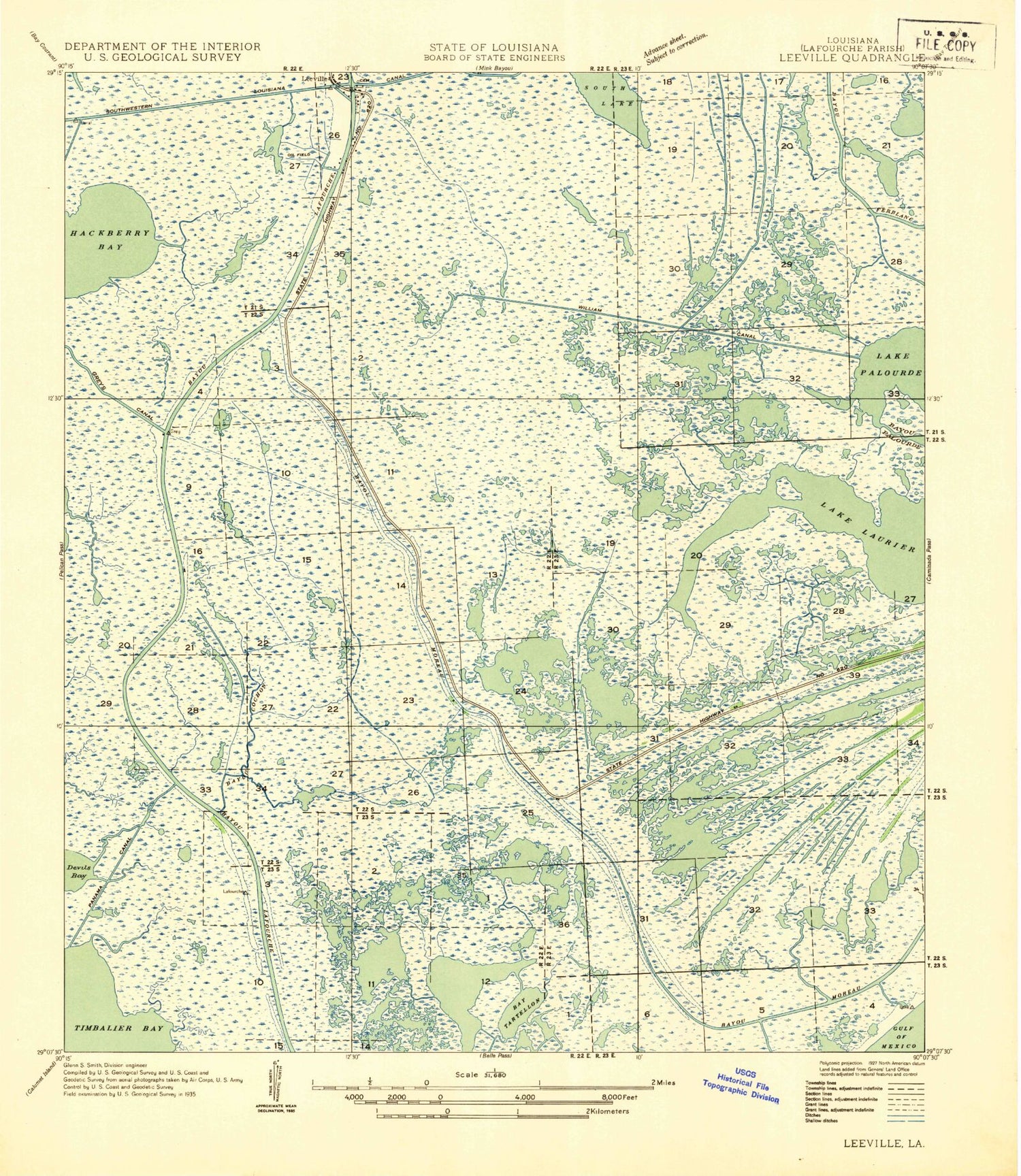 Classic USGS Leeville Louisiana 7.5'x7.5' Topo Map Image