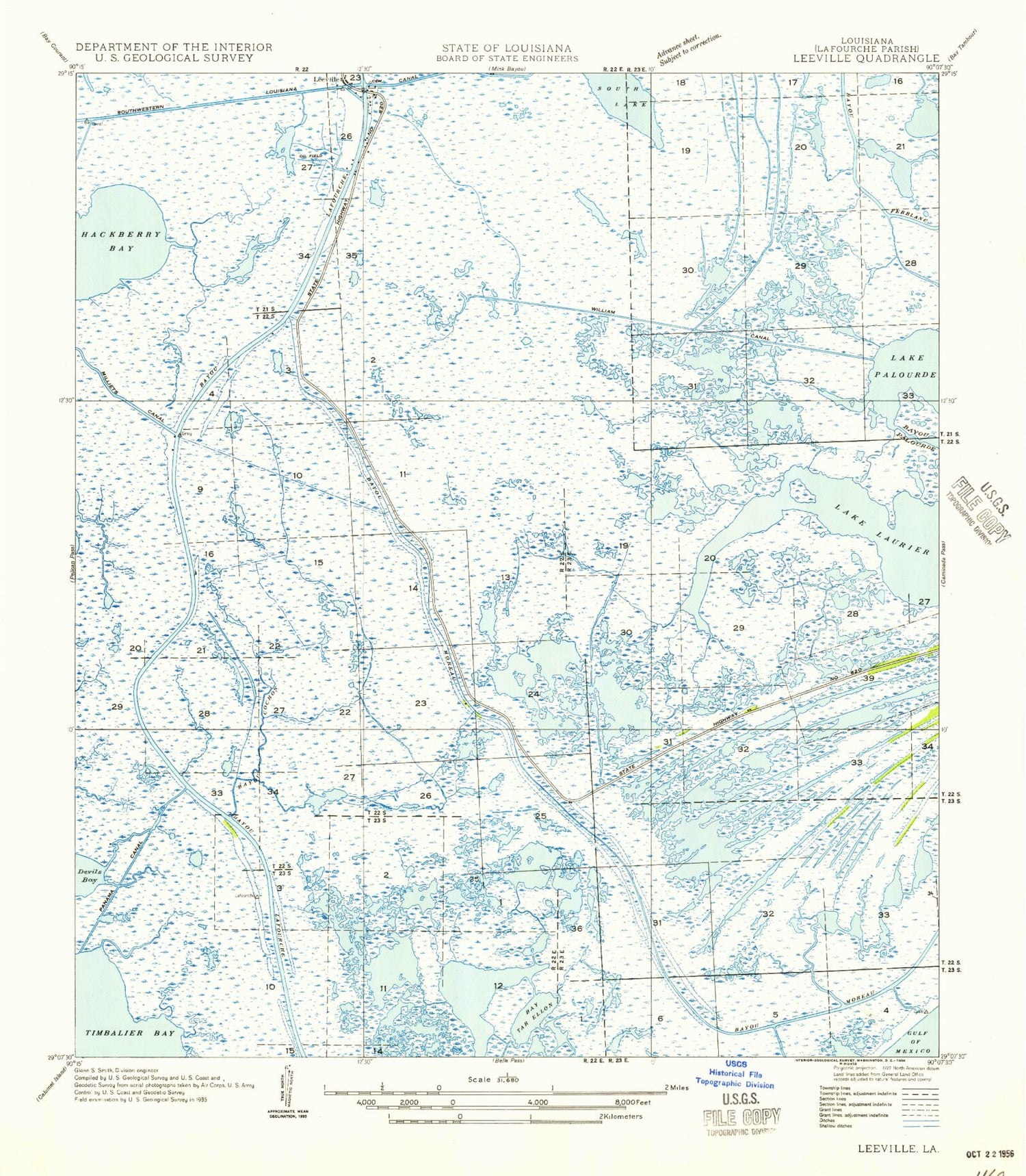 Classic USGS Leeville Louisiana 7.5'x7.5' Topo Map Image