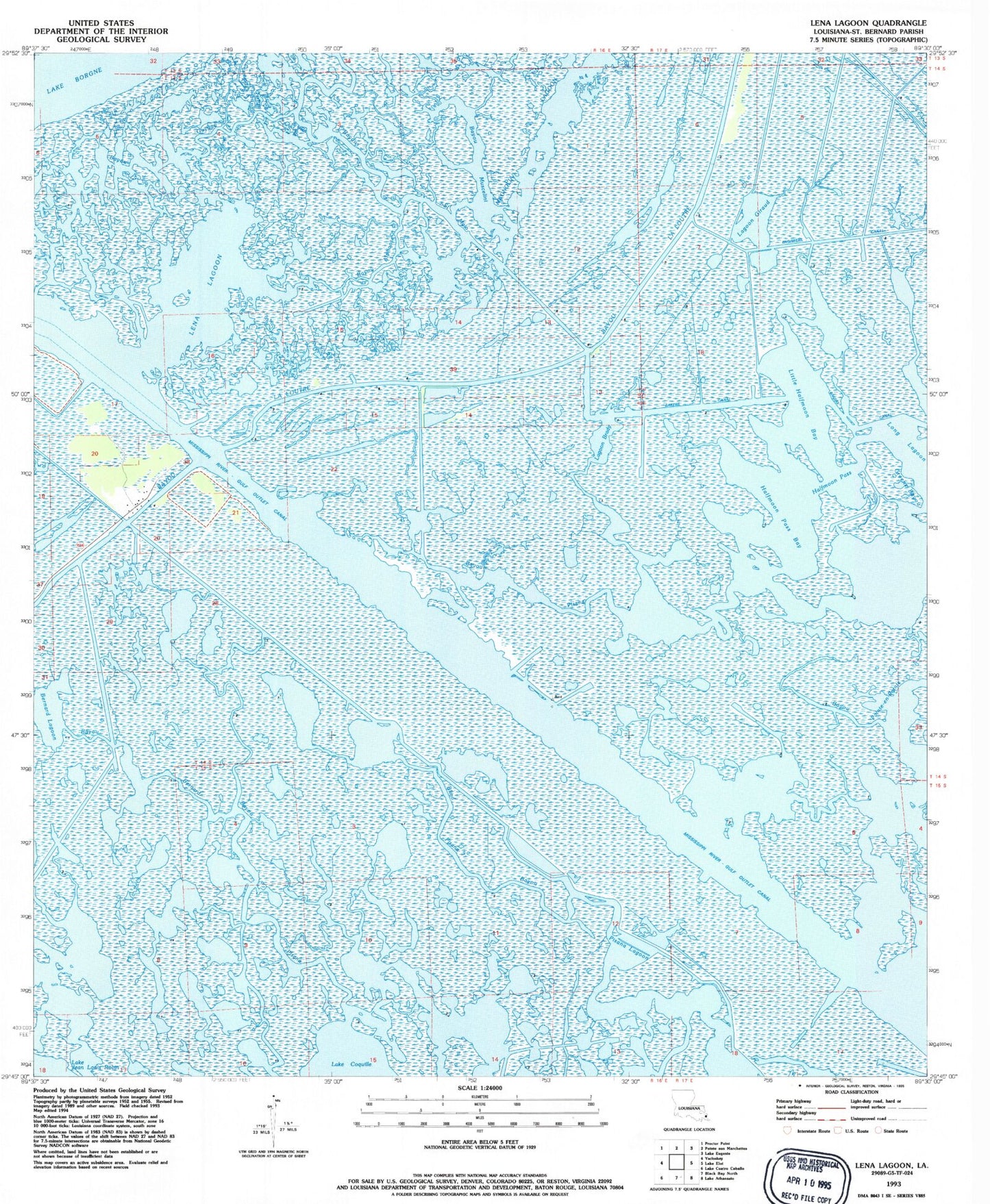 Classic USGS Lena Lagoon Louisiana 7.5'x7.5' Topo Map Image