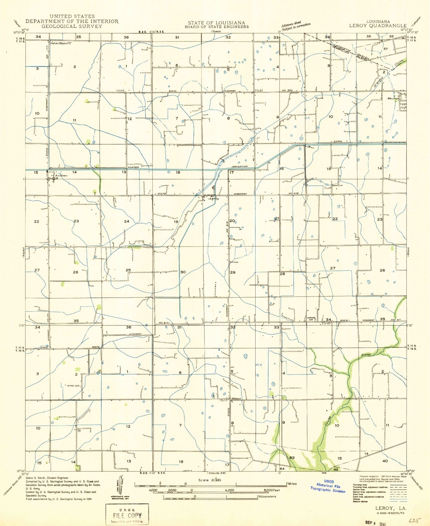 Classic USGS Leroy Louisiana 7.5'x7.5' Topo Map Image