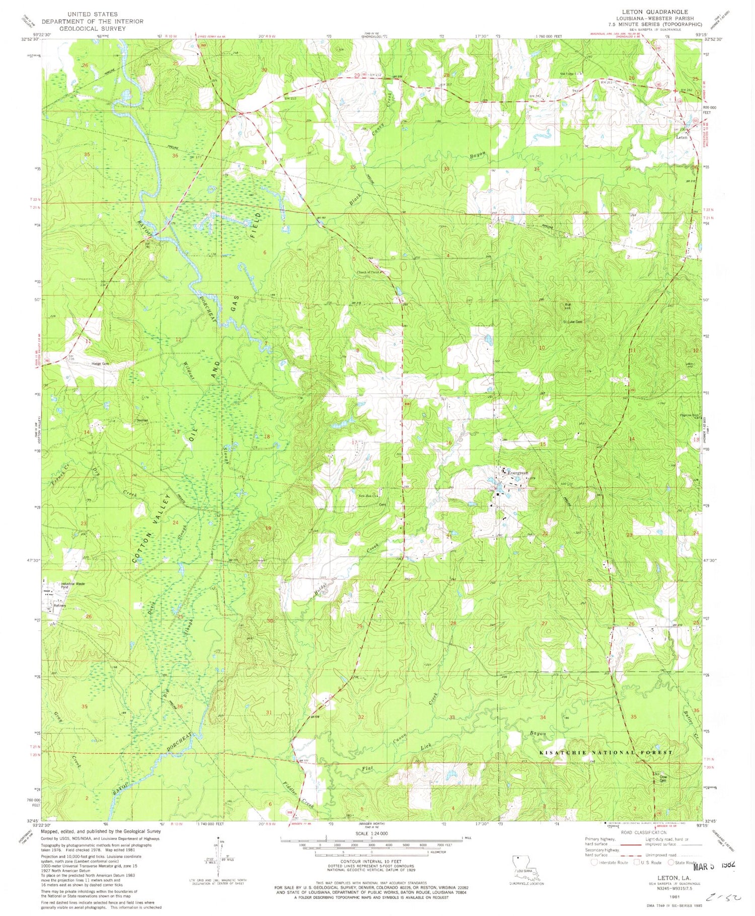 Classic USGS Leton Louisiana 7.5'x7.5' Topo Map Image