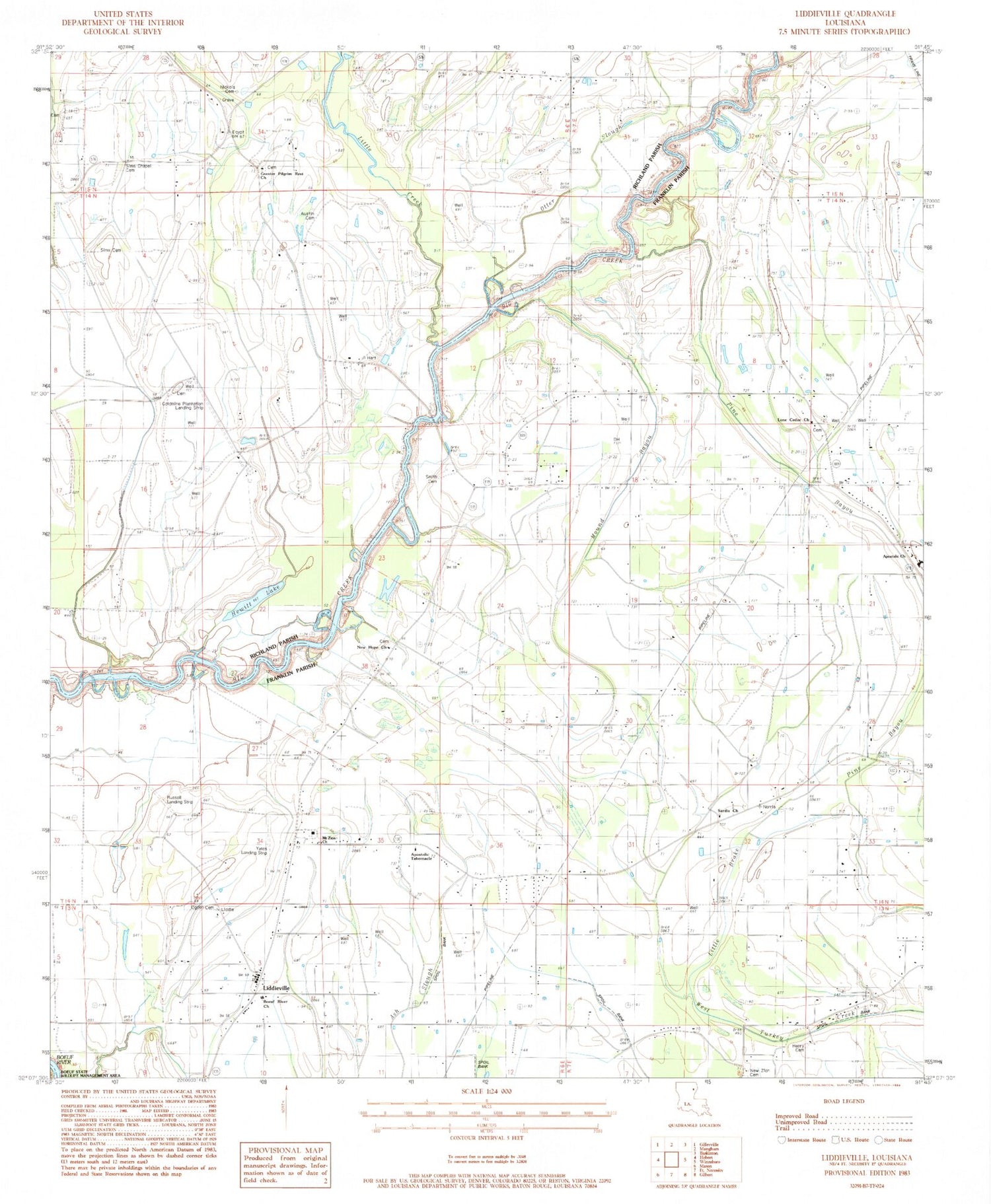 Classic USGS Liddieville Louisiana 7.5'x7.5' Topo Map Image