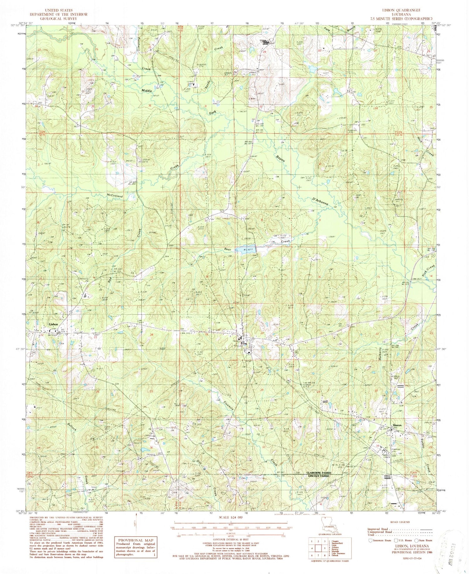 Classic USGS Lisbon Louisiana 7.5'x7.5' Topo Map Image