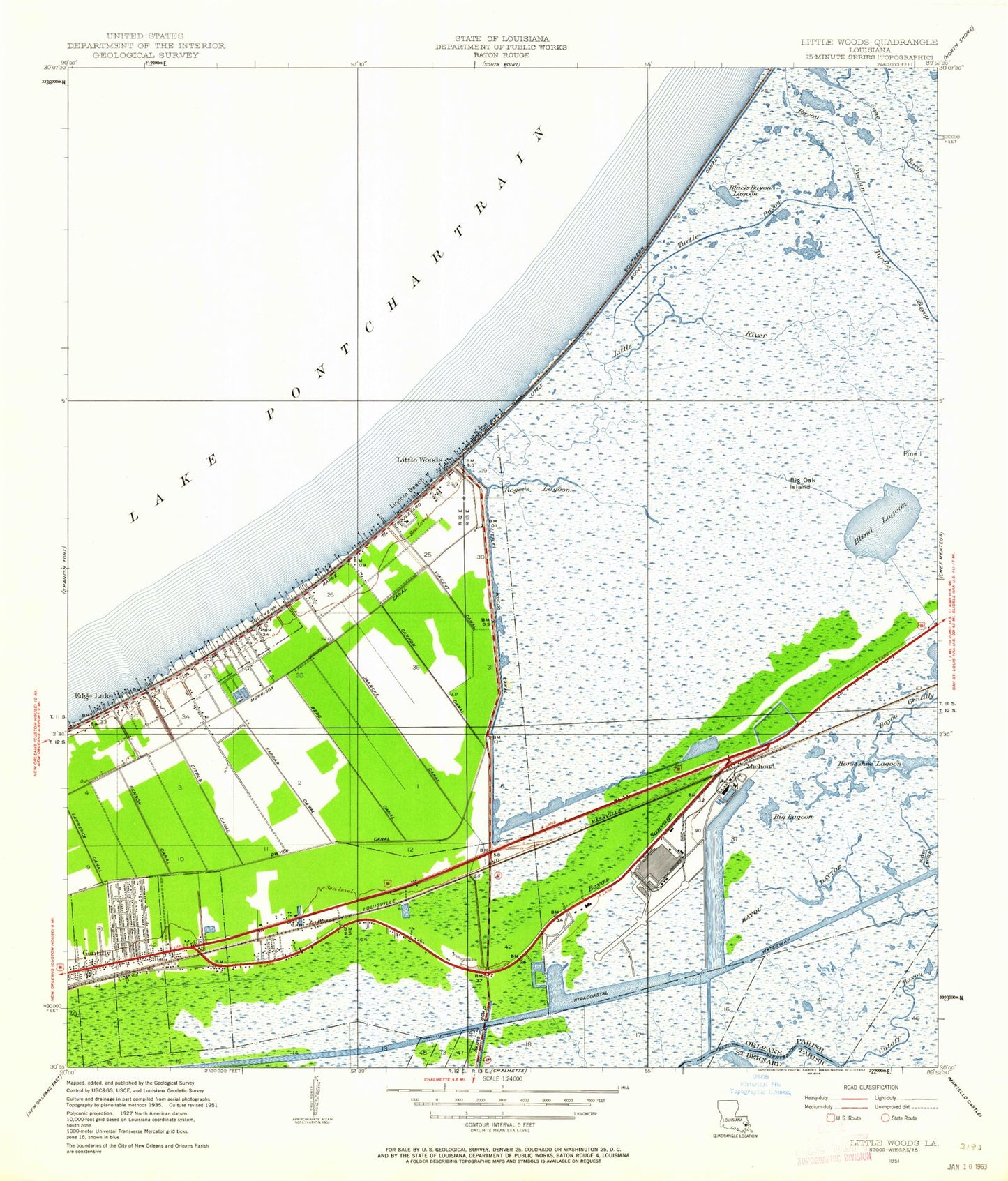 Classic USGS Little Woods Louisiana 7.5'x7.5' Topo Map Image