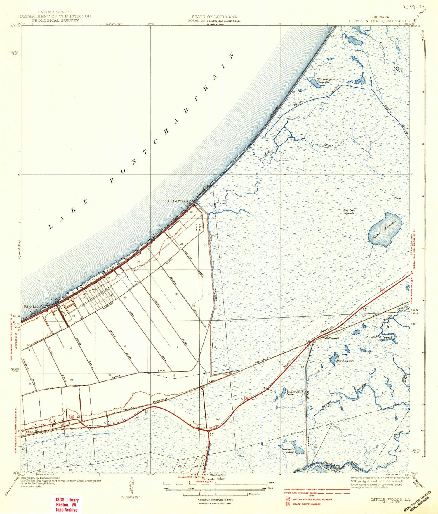 Classic USGS Little Woods Louisiana 7.5'x7.5' Topo Map Image