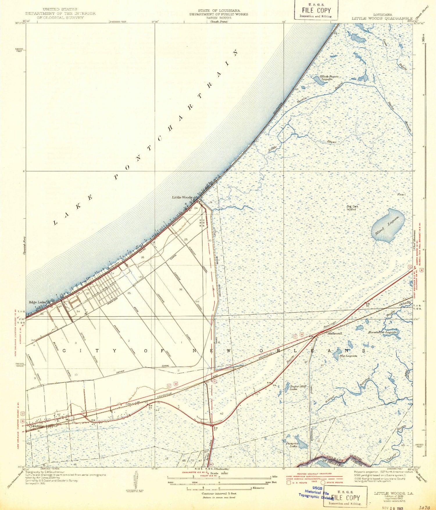 Classic USGS Little Woods Louisiana 7.5'x7.5' Topo Map Image