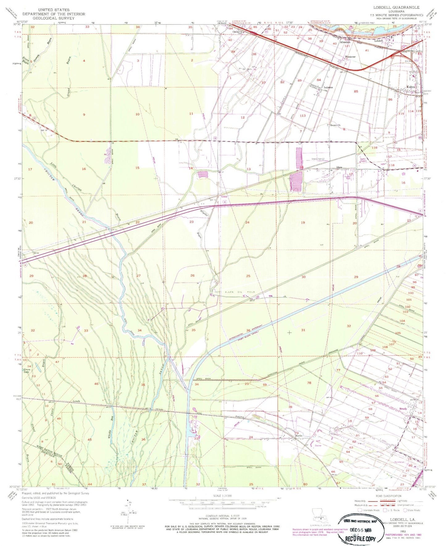 Classic USGS Lobdell Louisiana 7.5'x7.5' Topo Map Image