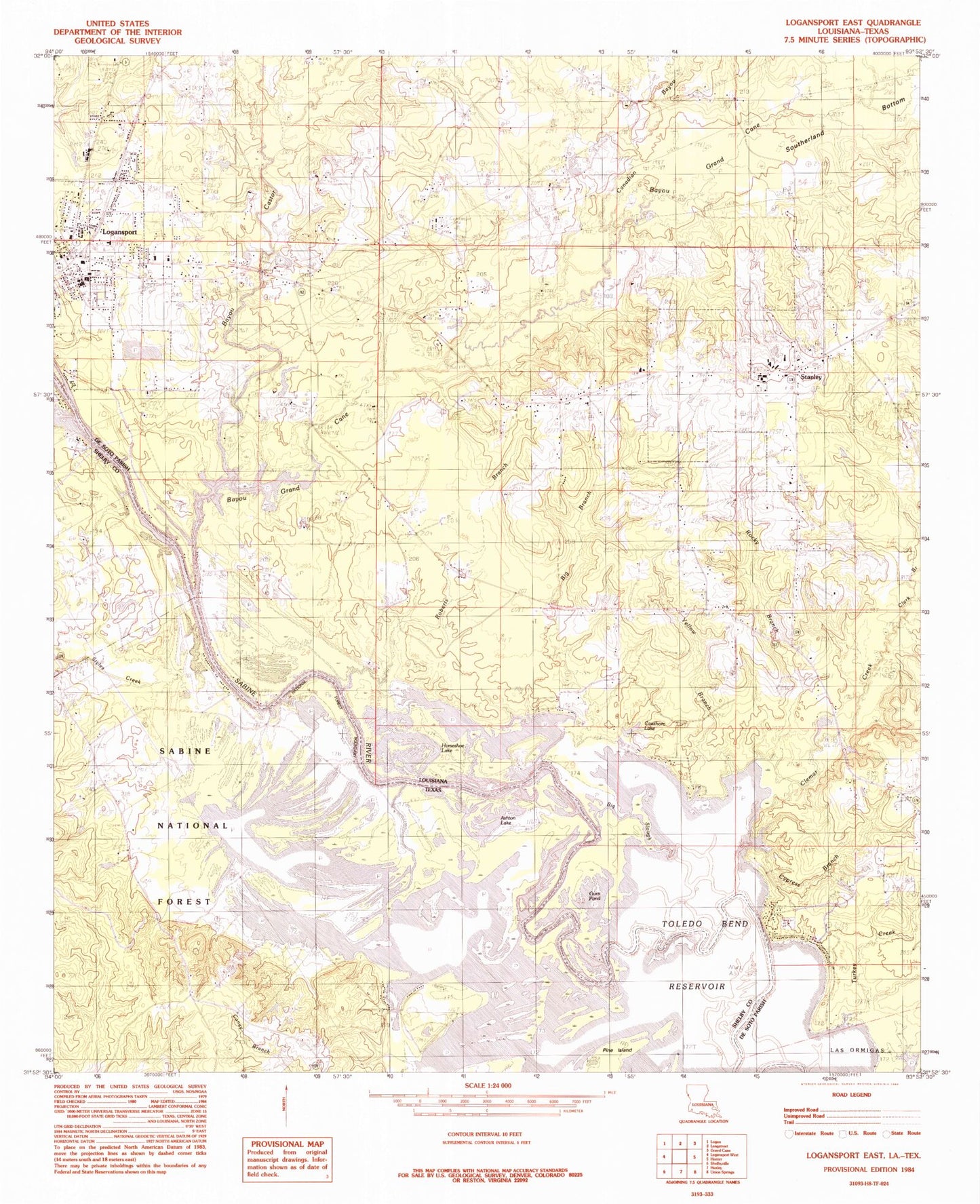 Classic USGS Logansport East Louisiana 7.5'x7.5' Topo Map Image