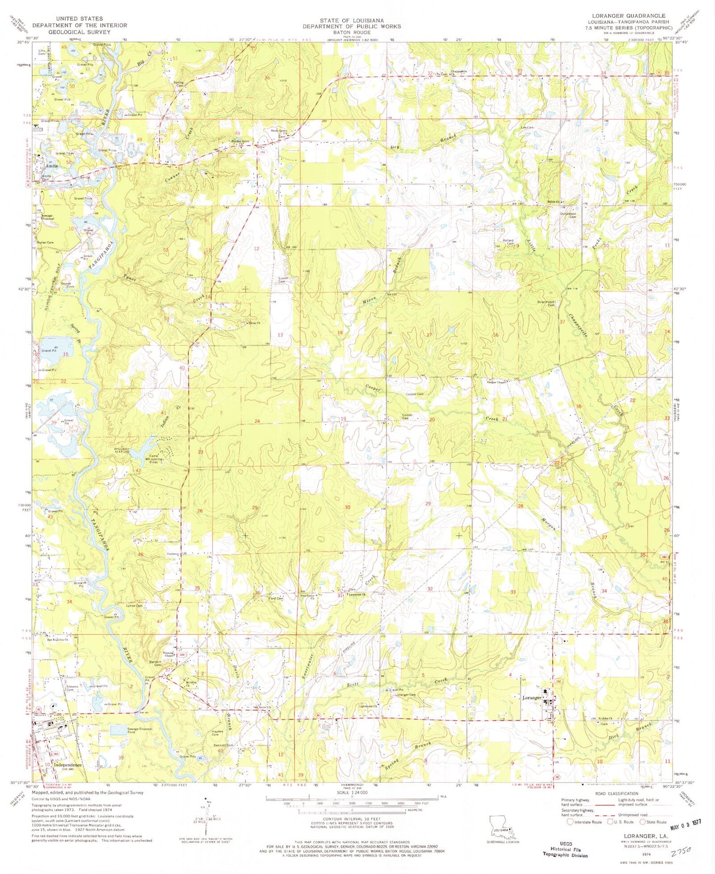 Classic USGS Loranger Louisiana 7.5'x7.5' Topo Map Image