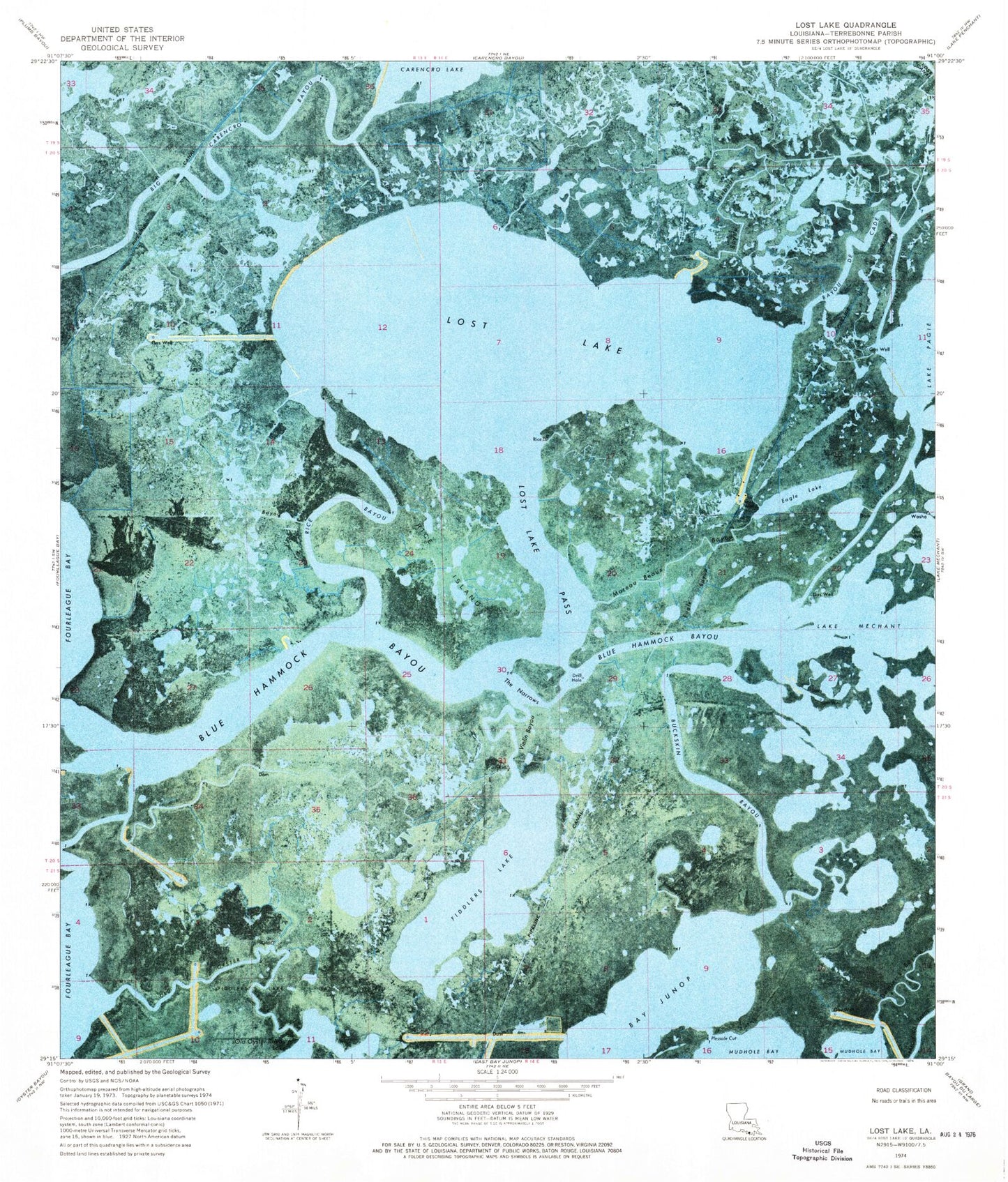 Classic USGS Lost Lake Louisiana 7.5'x7.5' Topo Map Image