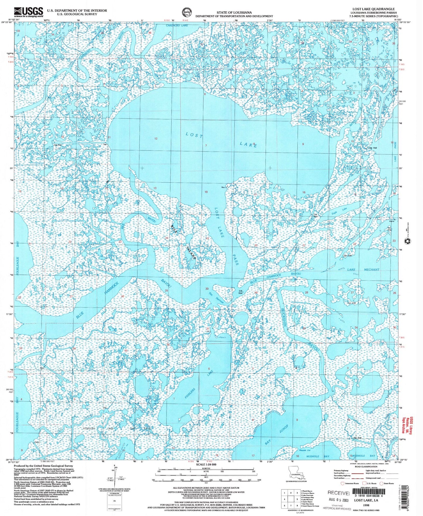 Classic USGS Lost Lake Louisiana 7.5'x7.5' Topo Map Image