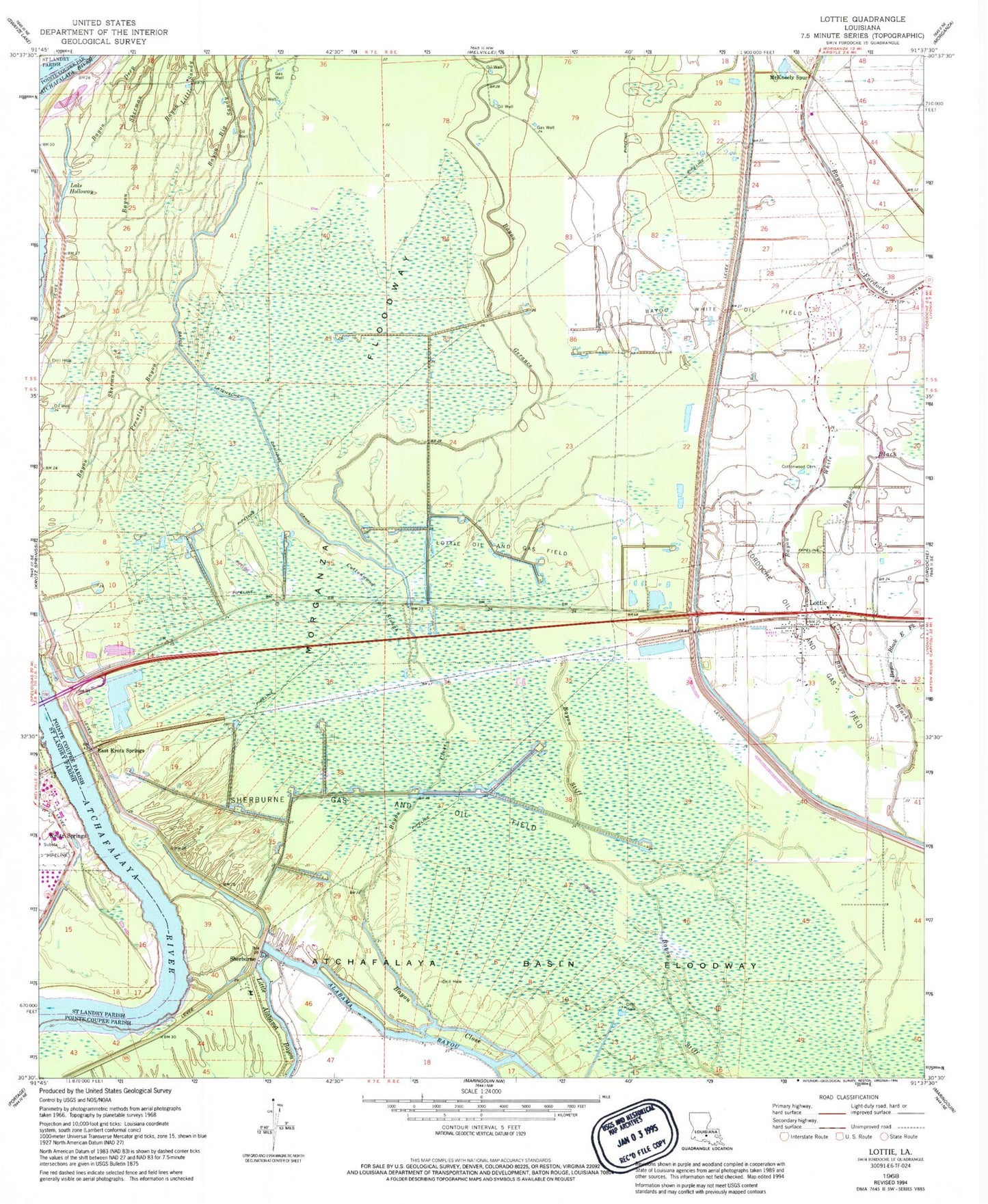 Classic USGS Lottie Louisiana 7.5'x7.5' Topo Map Image