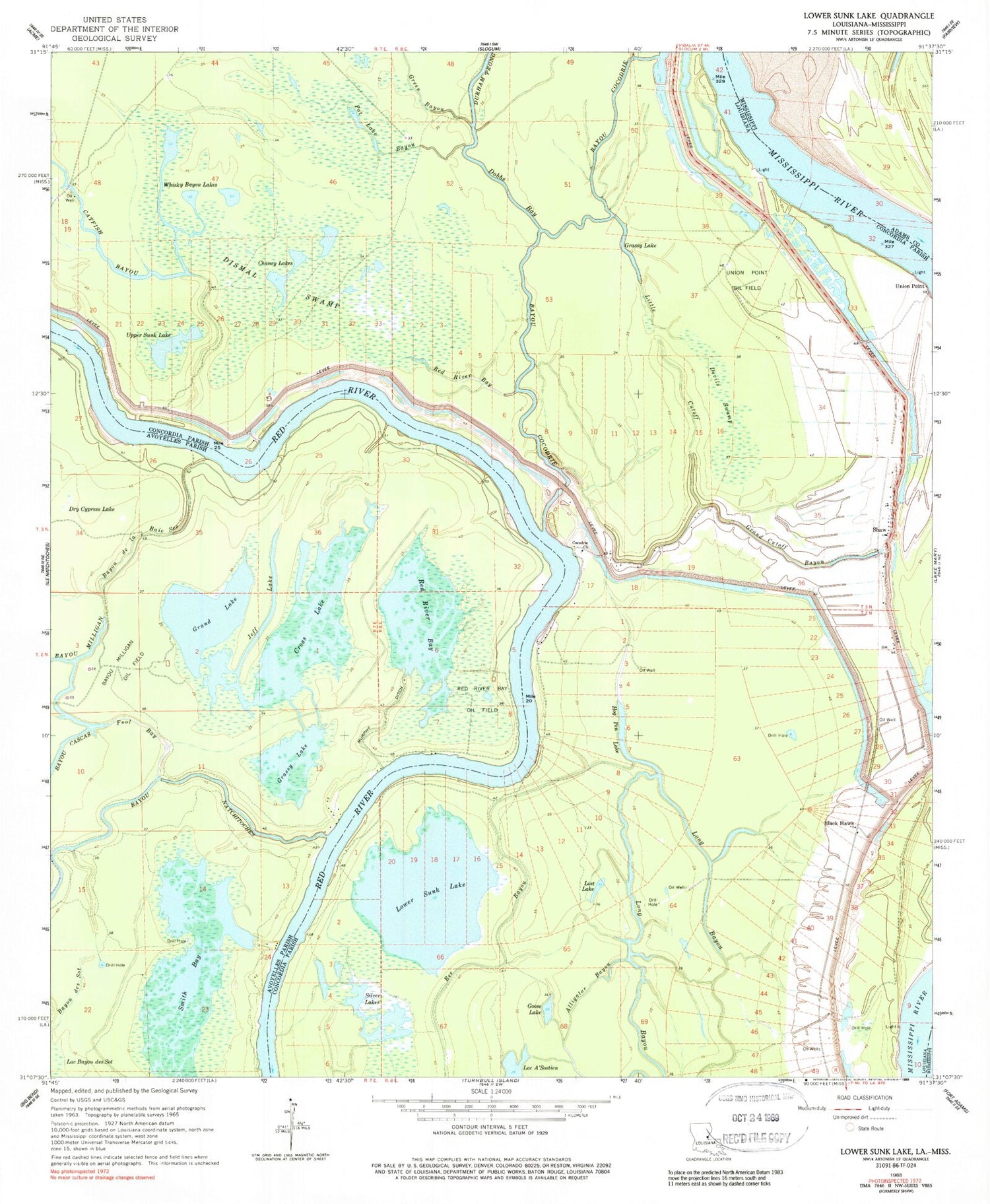 Classic USGS Lower Sunk Lake Louisiana 7.5'x7.5' Topo Map Image