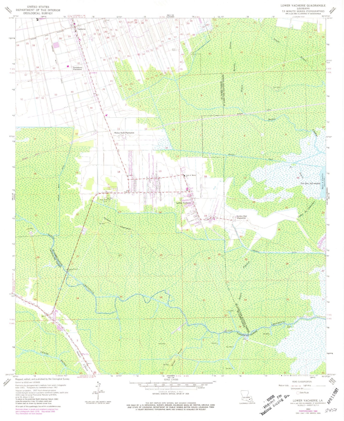 Classic USGS Lower Vacherie Louisiana 7.5'x7.5' Topo Map Image