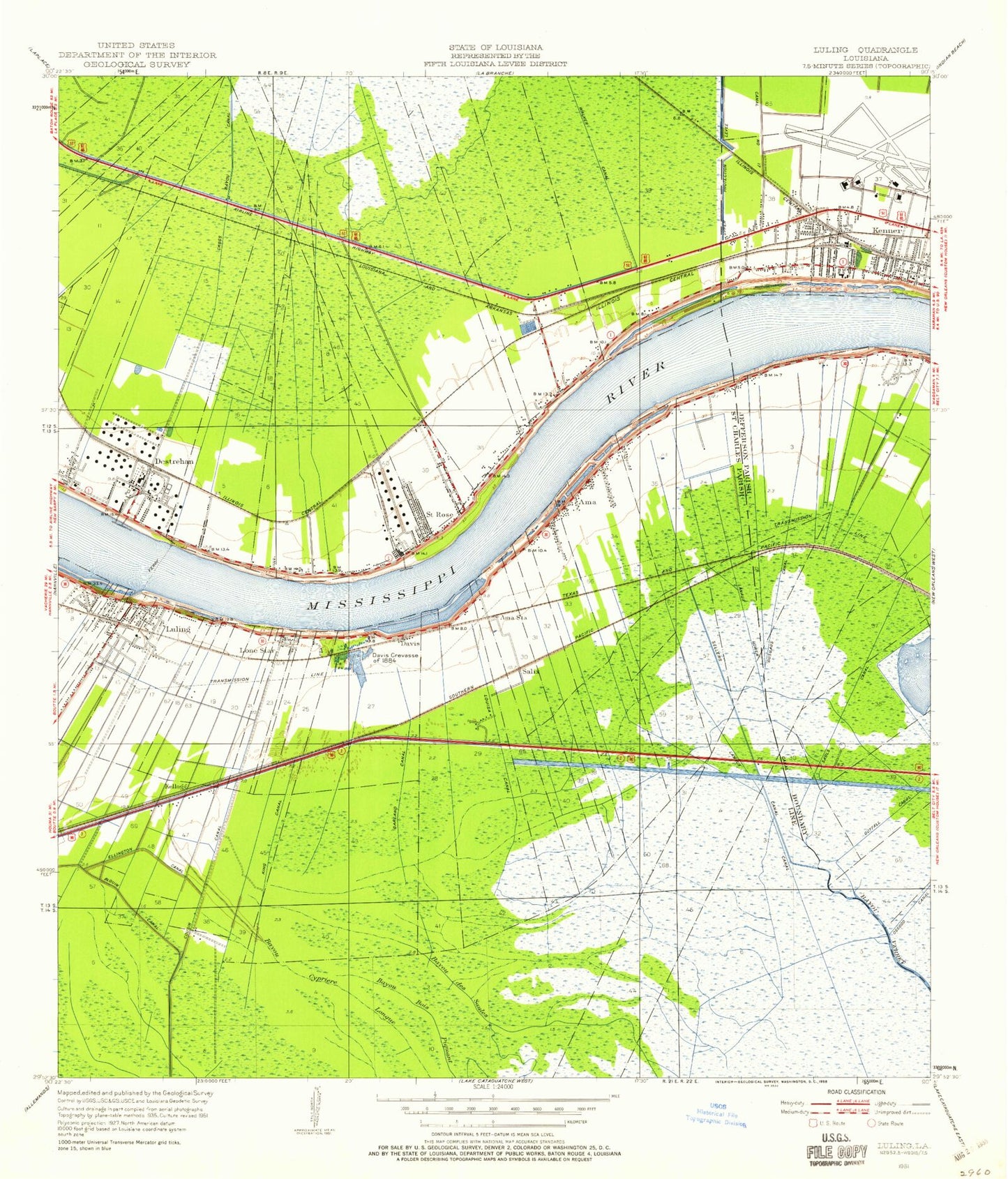 Classic USGS Luling Louisiana 7.5'x7.5' Topo Map Image