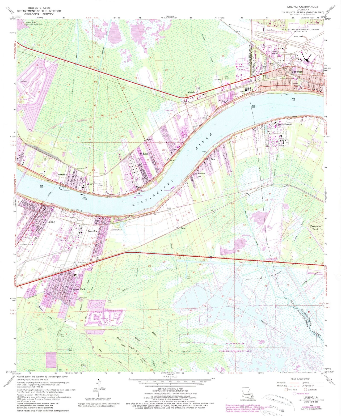 Classic USGS Luling Louisiana 7.5'x7.5' Topo Map Image