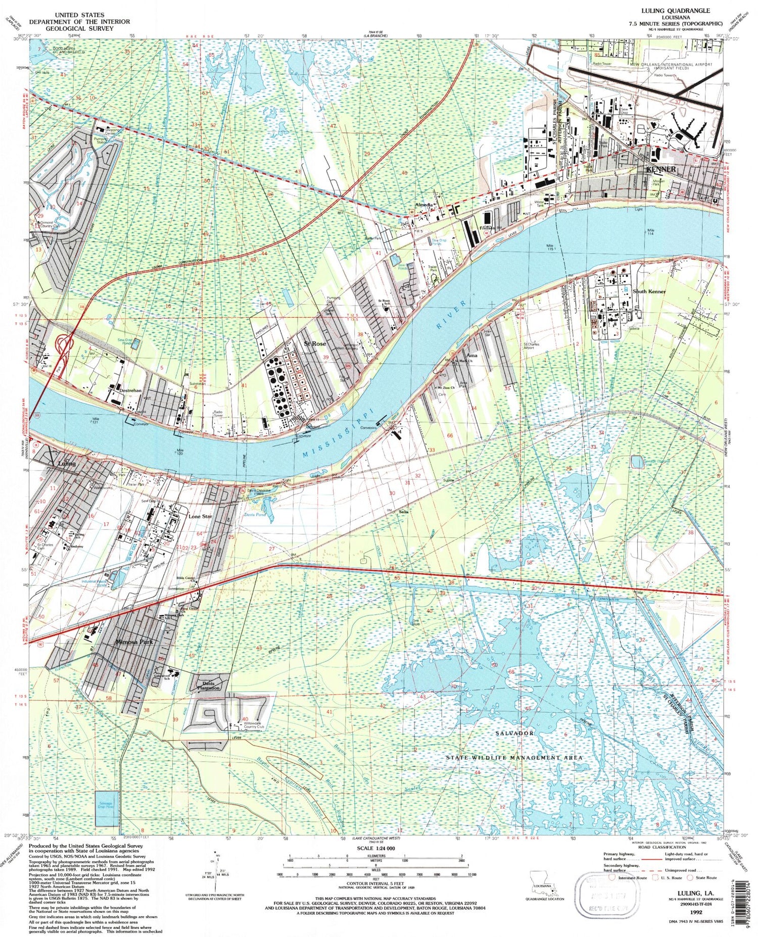 Classic USGS Luling Louisiana 7.5'x7.5' Topo Map Image