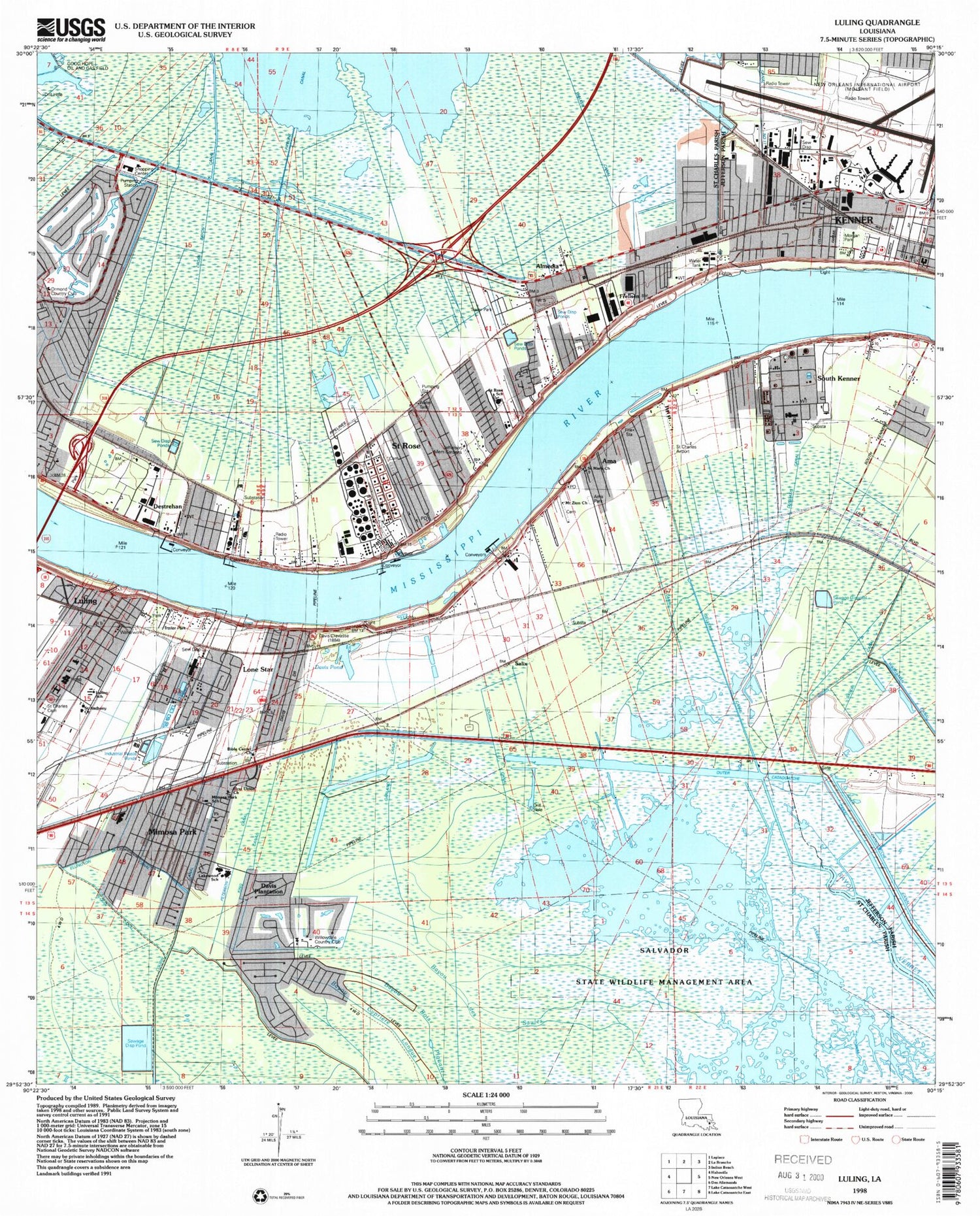 Classic USGS Luling Louisiana 7.5'x7.5' Topo Map Image