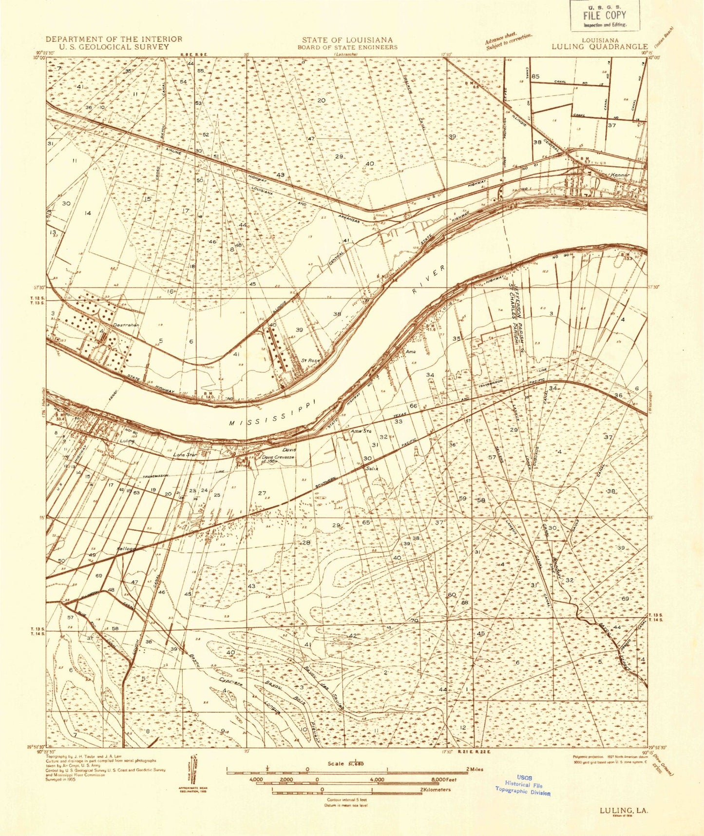 Classic USGS Luling Louisiana 7.5'x7.5' Topo Map Image