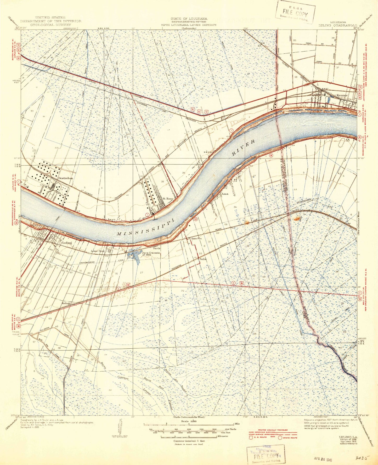 Classic USGS Luling Louisiana 7.5'x7.5' Topo Map Image