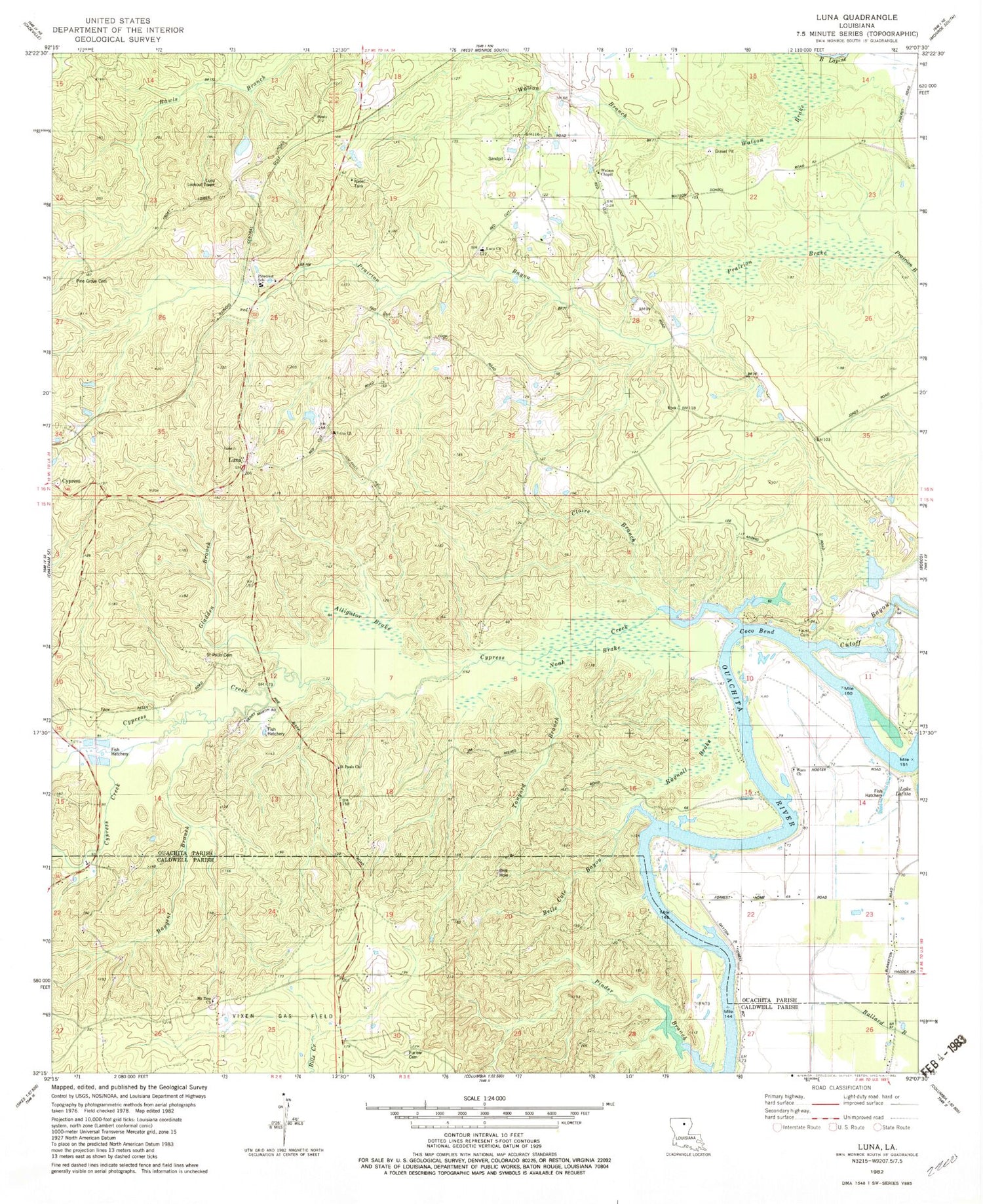 Classic USGS Luna Louisiana 7.5'x7.5' Topo Map Image