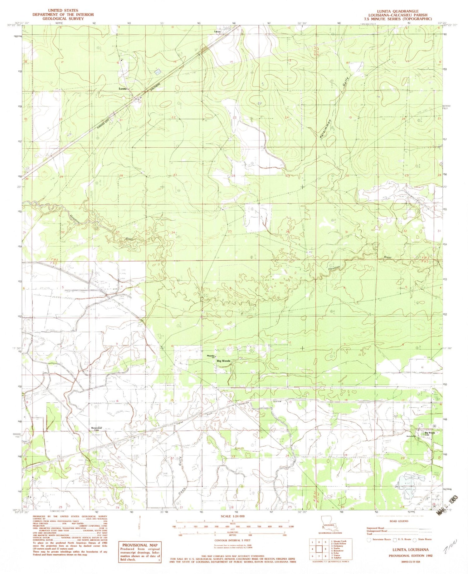 Classic USGS Lunita Louisiana 7.5'x7.5' Topo Map Image
