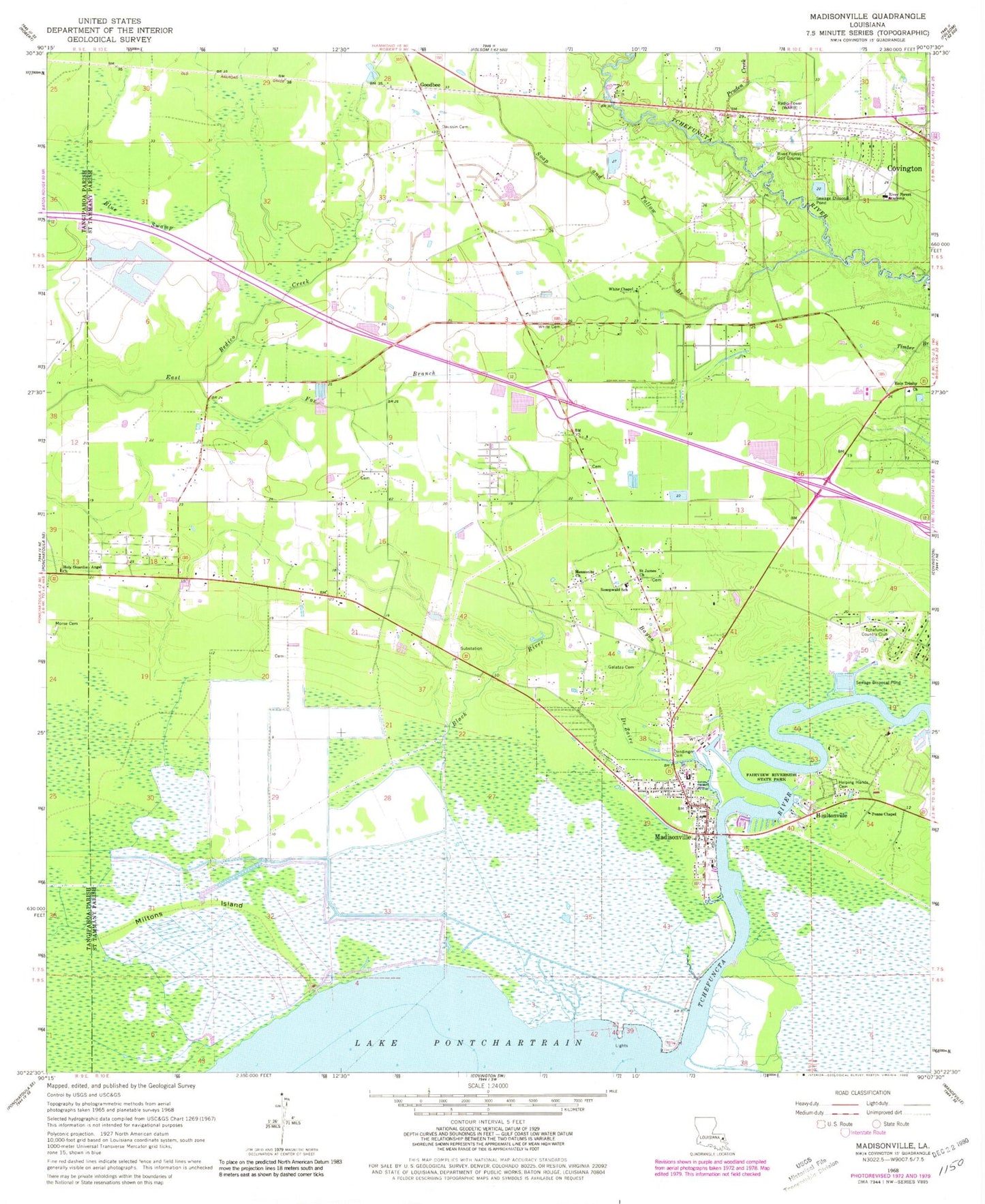 Classic USGS Madisonville Louisiana 7.5'x7.5' Topo Map Image