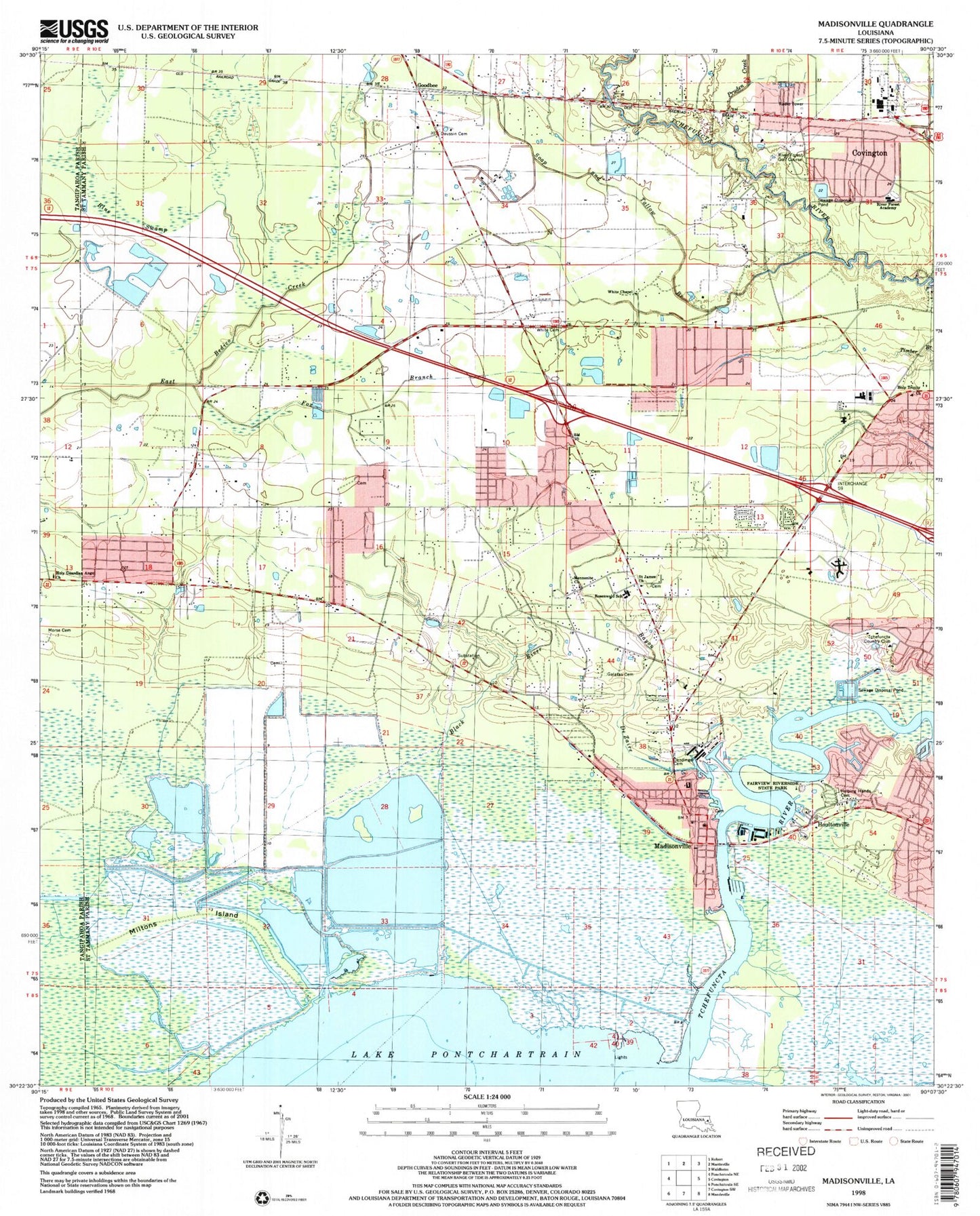 Classic USGS Madisonville Louisiana 7.5'x7.5' Topo Map Image