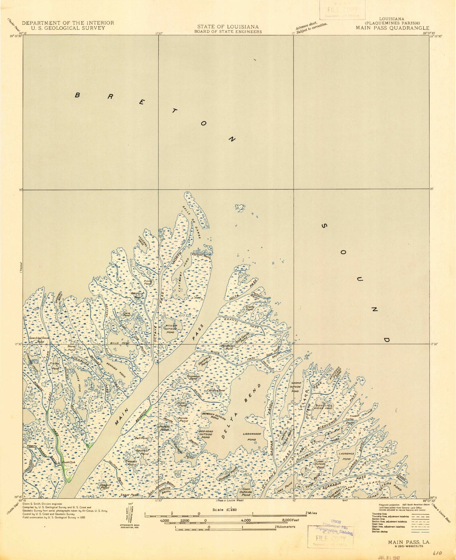 Classic USGS Main Pass Louisiana 7.5'x7.5' Topo Map Image