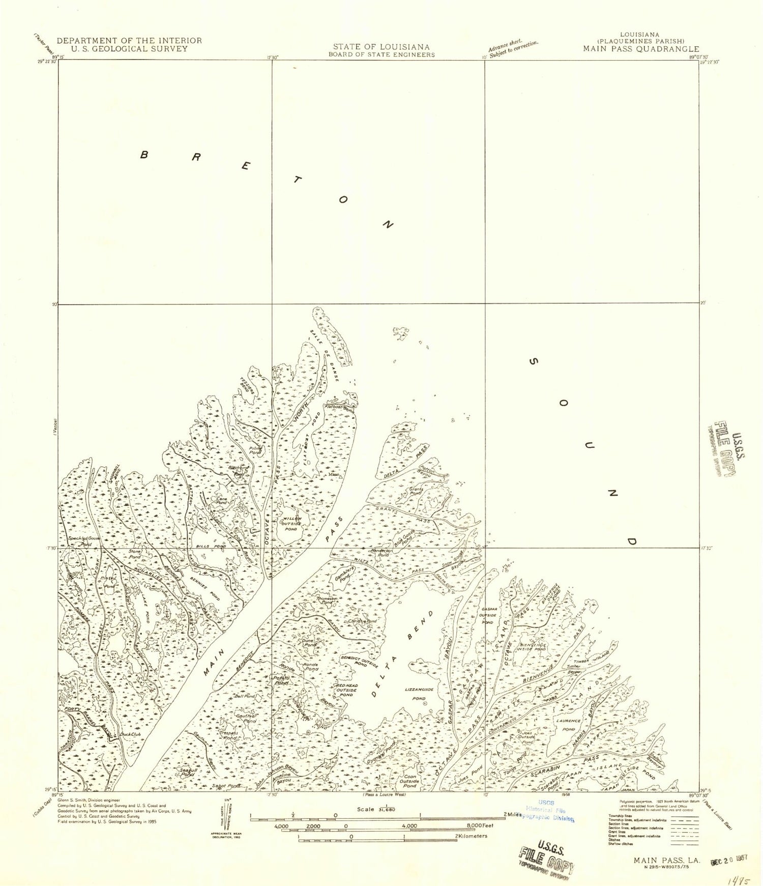 Classic USGS Main Pass Louisiana 7.5'x7.5' Topo Map Image