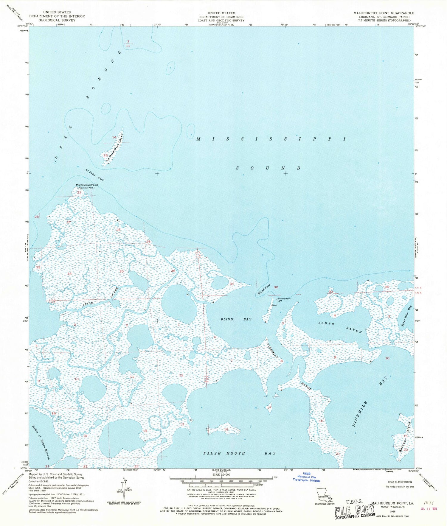 Classic USGS Malheureux Point Louisiana 7.5'x7.5' Topo Map Image