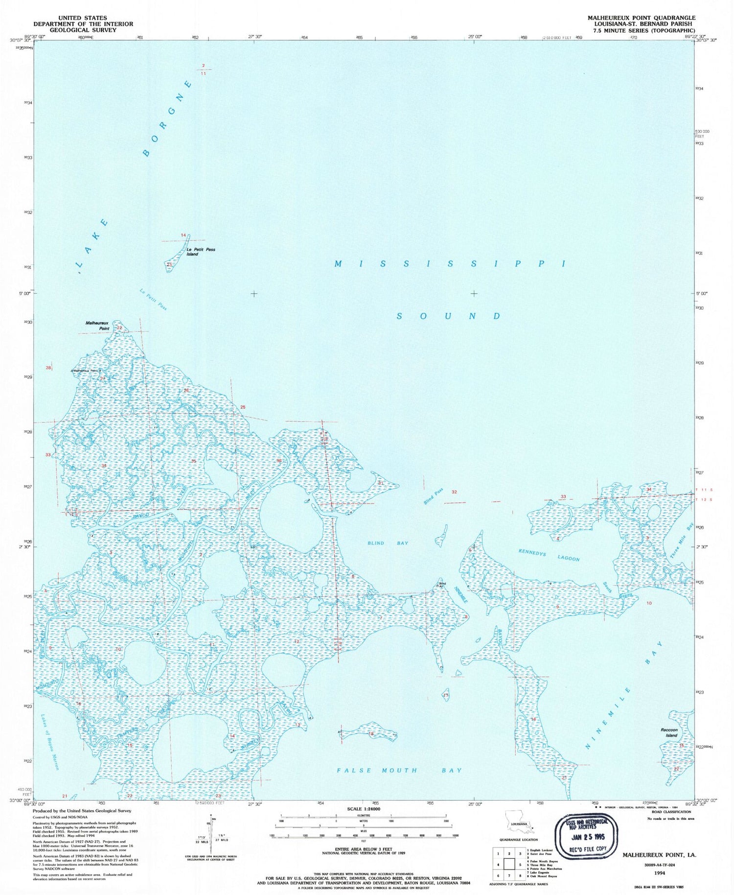 Classic USGS Malheureux Point Louisiana 7.5'x7.5' Topo Map Image