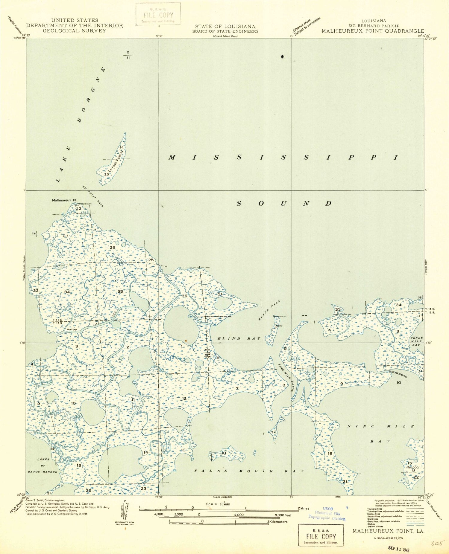 Classic USGS Malheureux Point Louisiana 7.5'x7.5' Topo Map Image