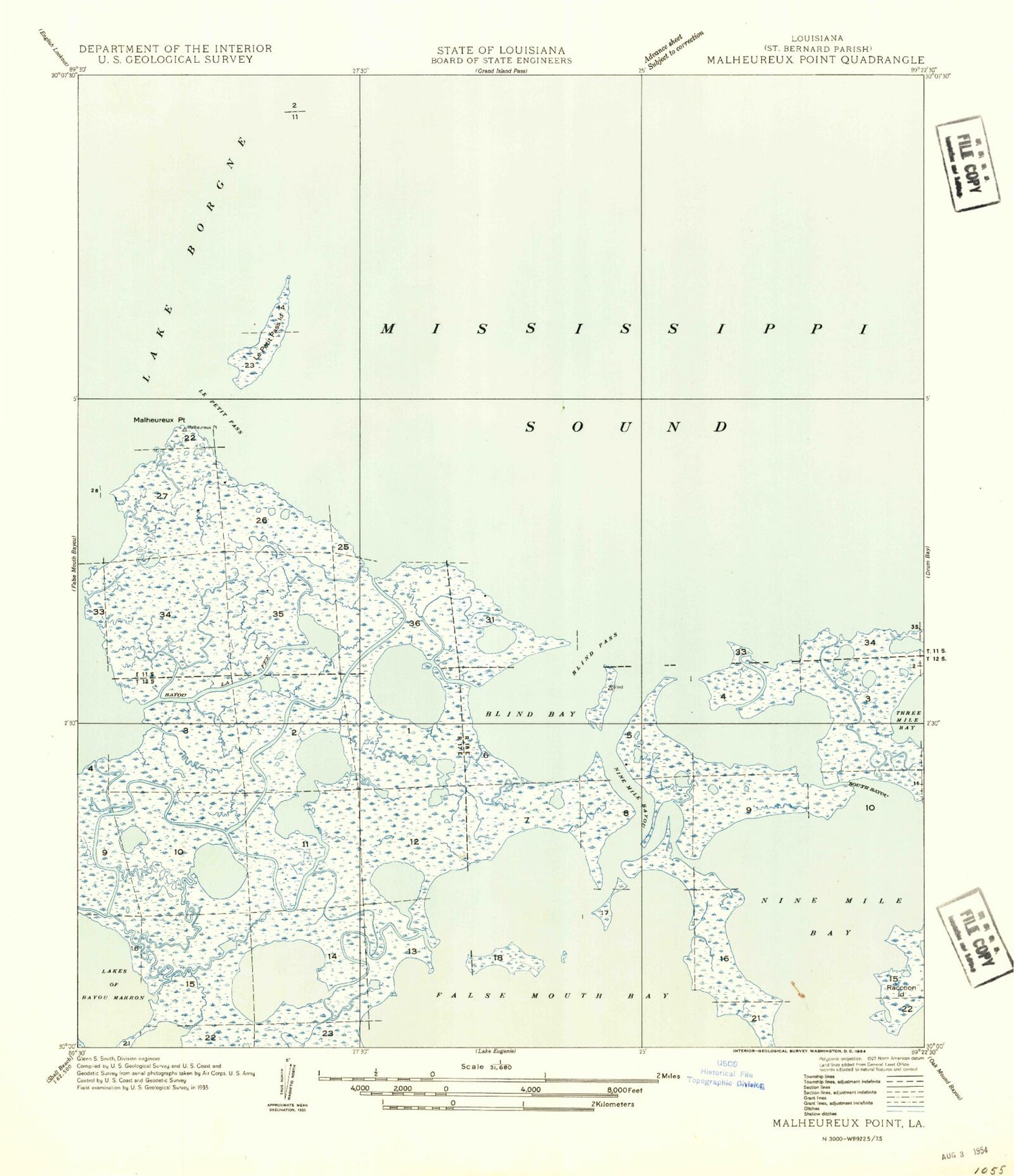 Classic USGS Malheureux Point Louisiana 7.5'x7.5' Topo Map Image