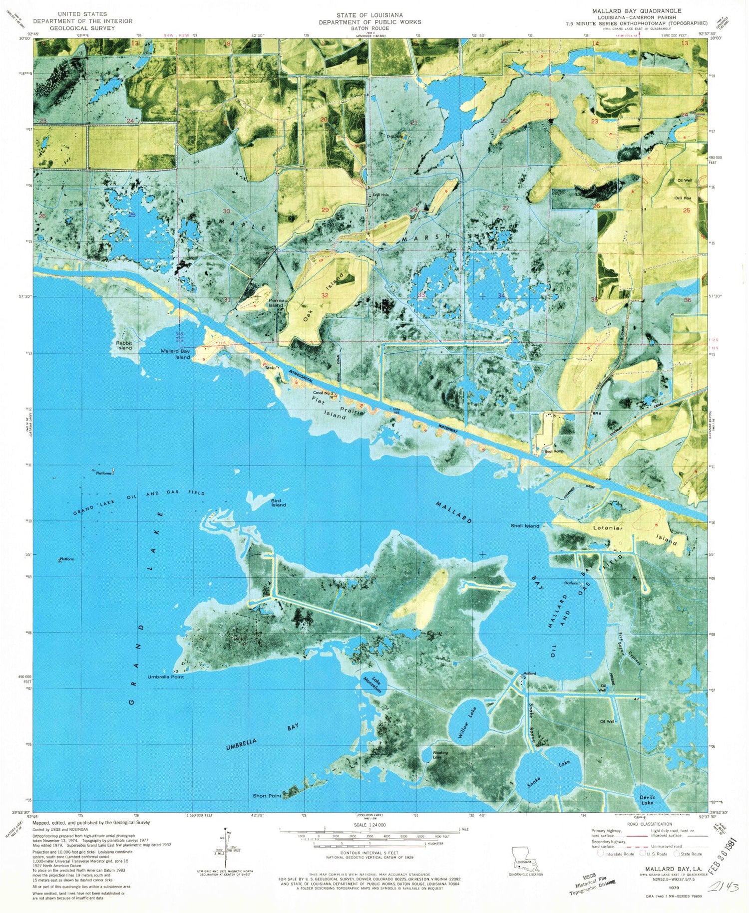 Classic USGS Mallard Bay Louisiana 7.5'x7.5' Topo Map Image