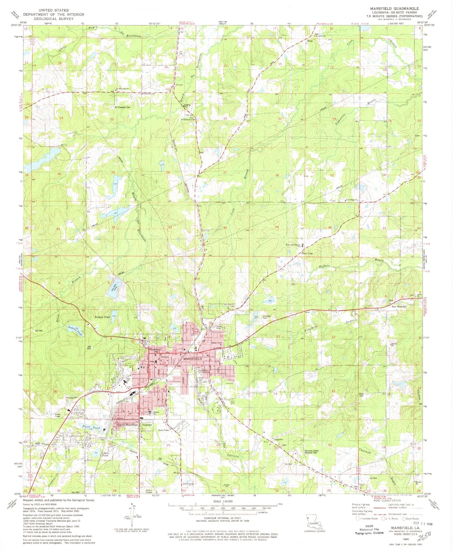Classic USGS Mansfield Louisiana 7.5'x7.5' Topo Map Image