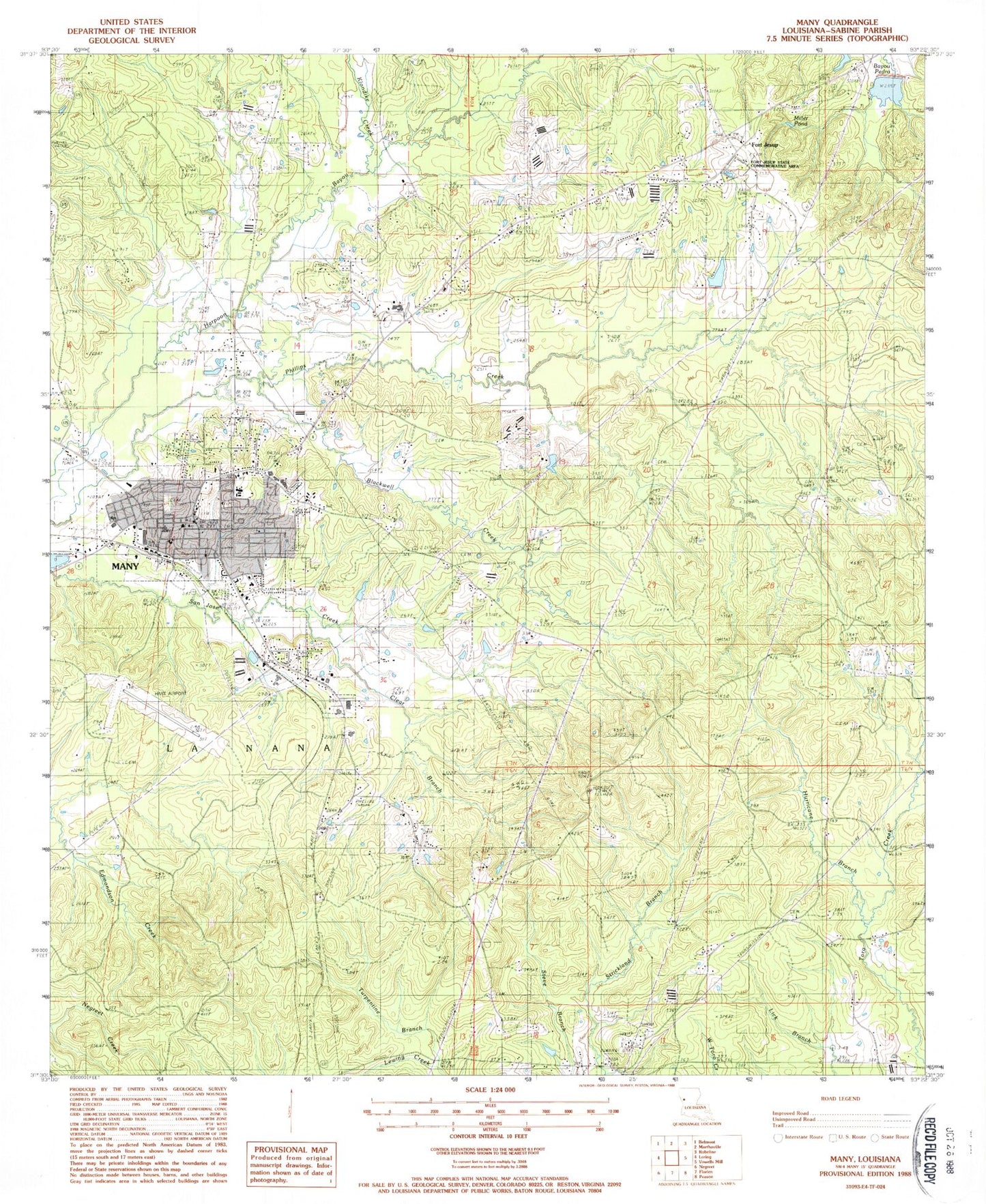 Classic USGS Many Louisiana 7.5'x7.5' Topo Map Image