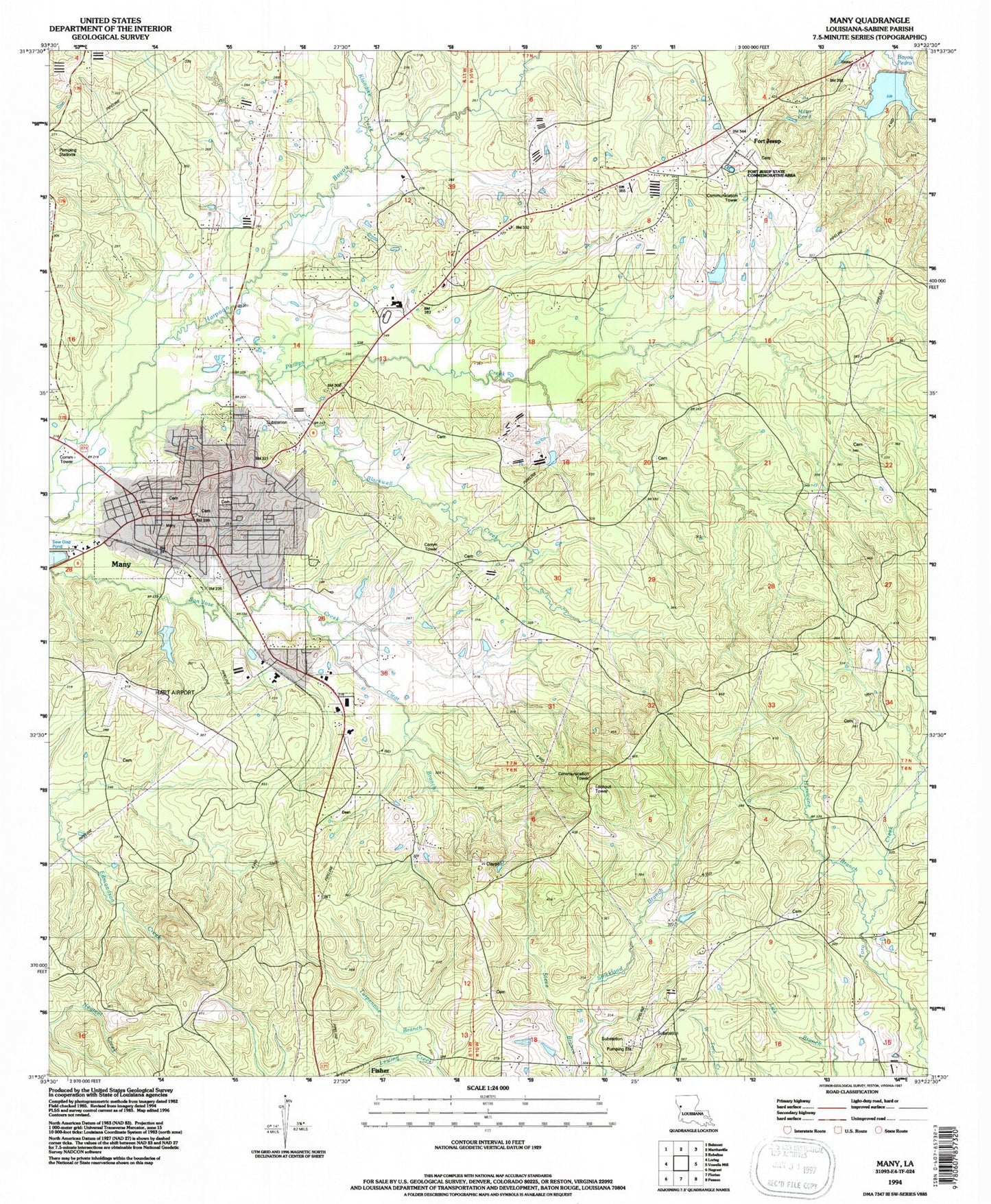 Classic USGS Many Louisiana 7.5'x7.5' Topo Map Image