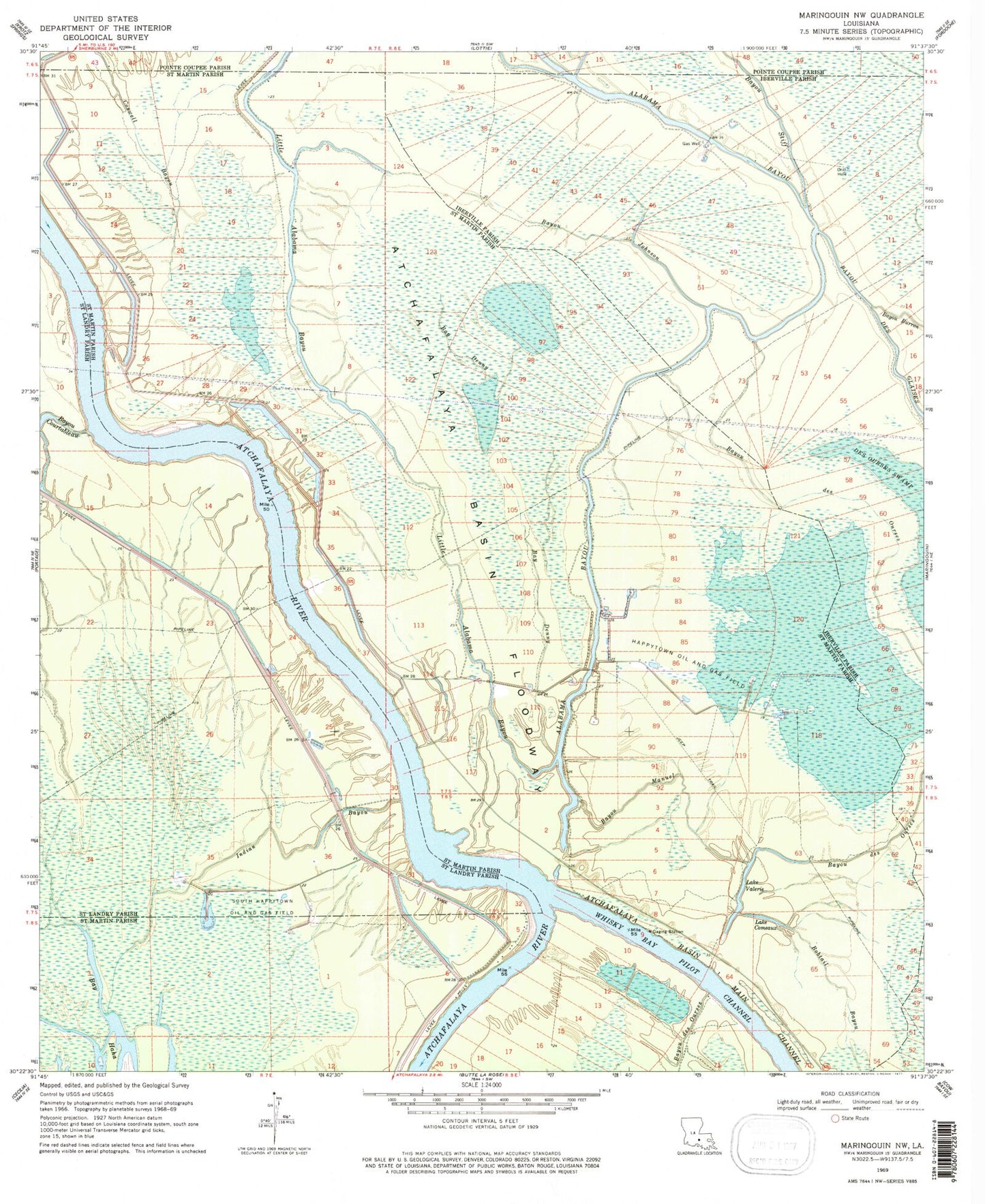 Classic USGS Maringouin NW Louisiana 7.5'x7.5' Topo Map Image