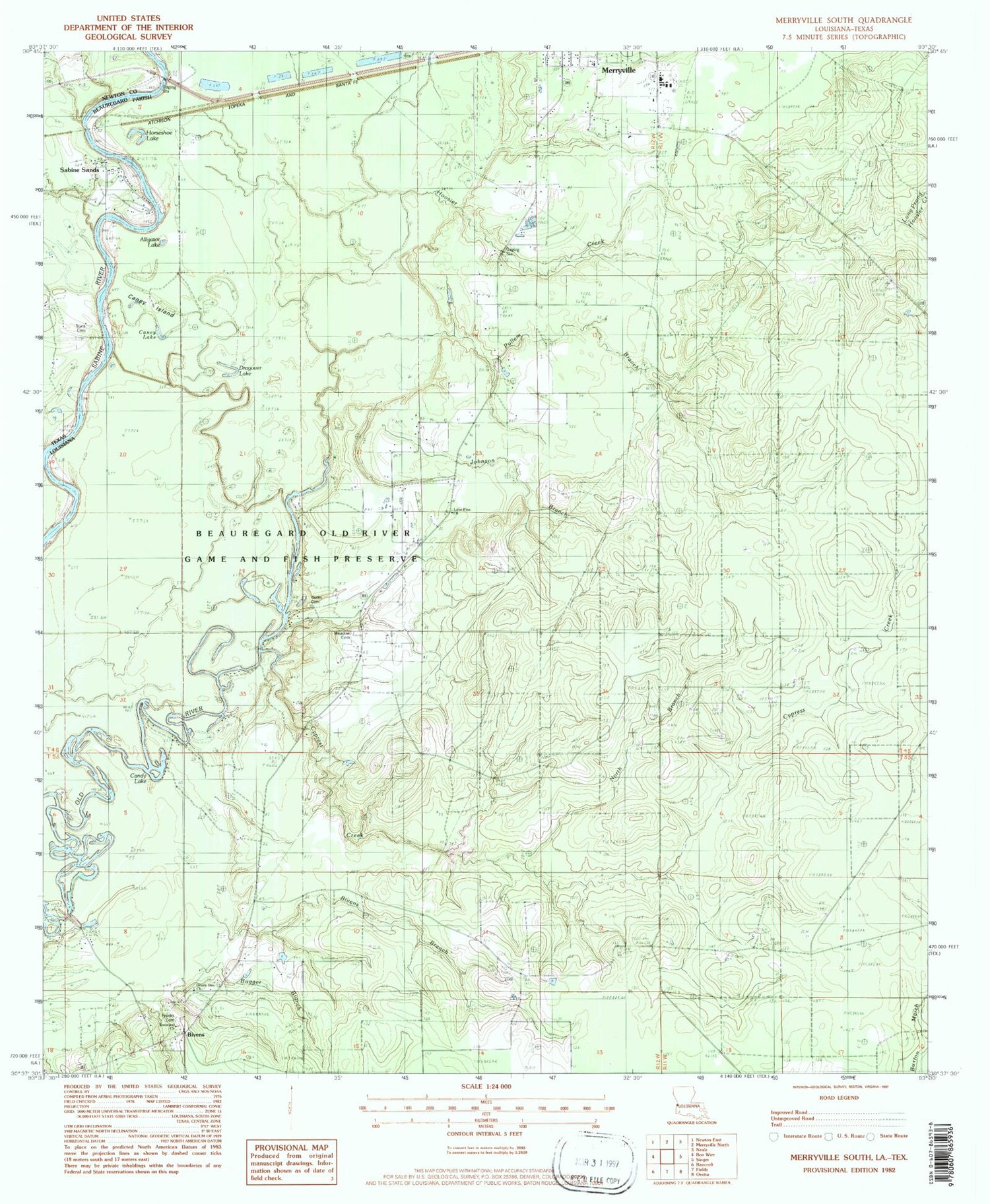 Classic USGS Merryville South Louisiana 7.5'x7.5' Topo Map Image