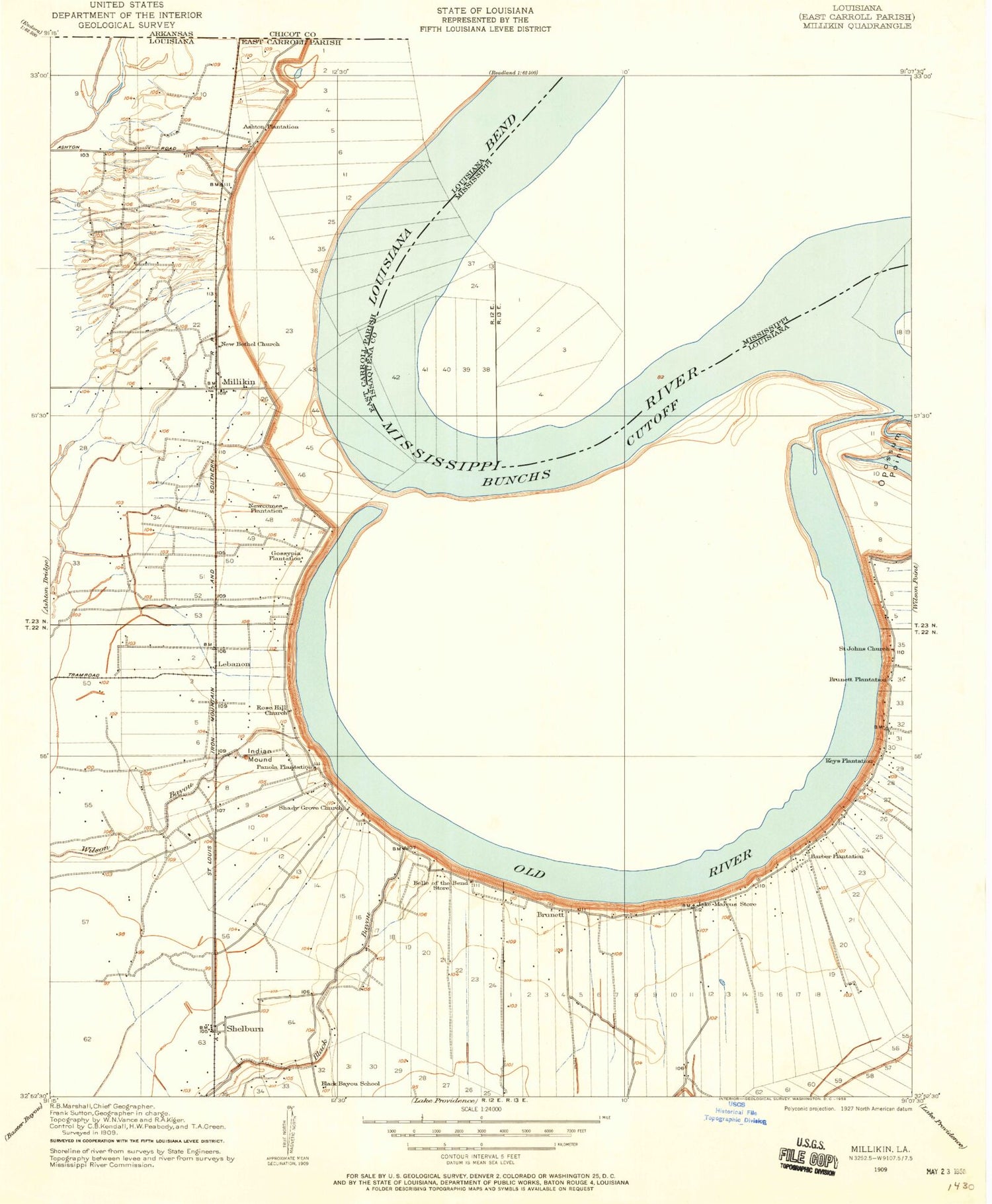 Classic USGS Millikin Louisiana 7.5'x7.5' Topo Map Image