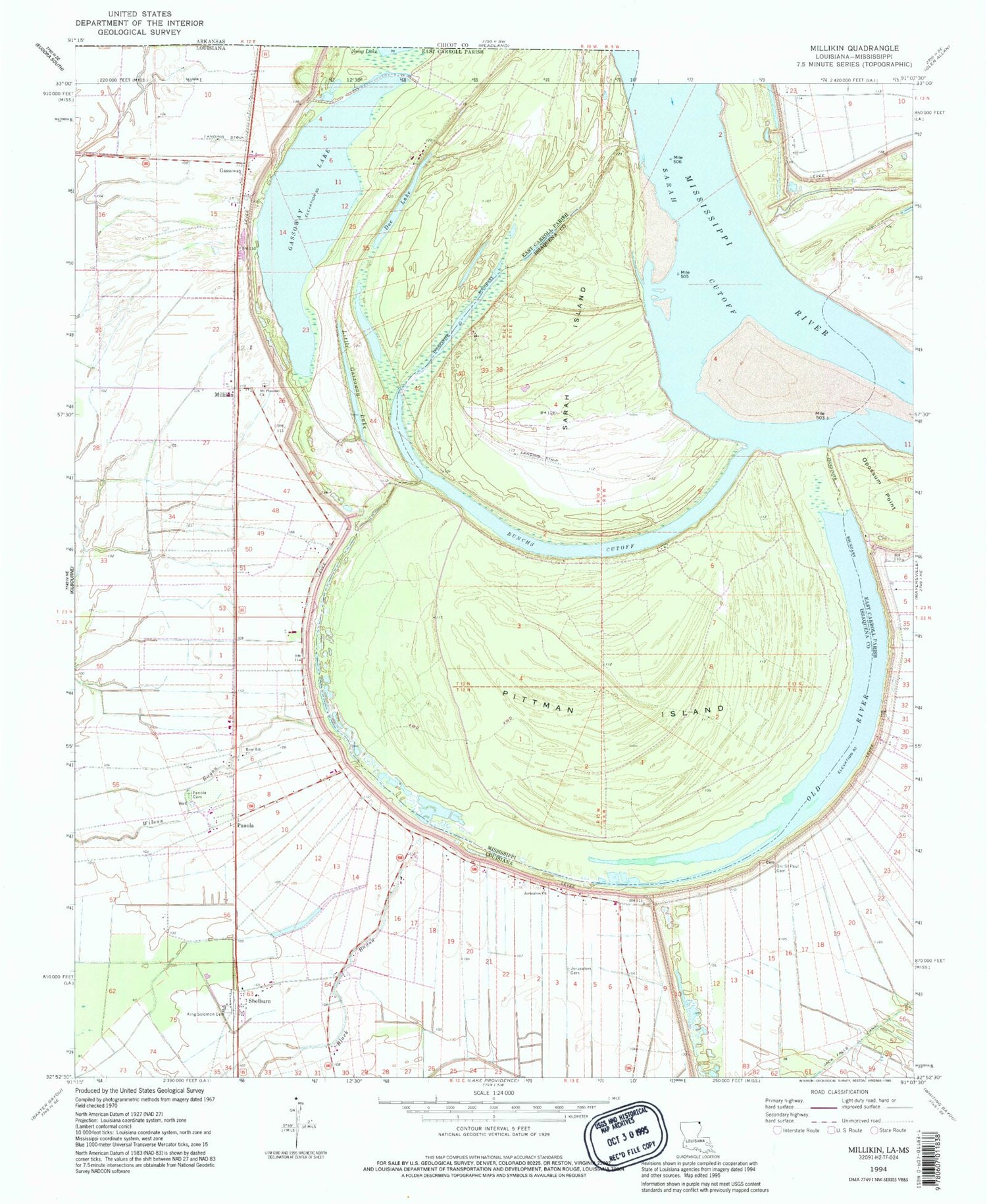 Classic USGS Millikin Louisiana 7.5'x7.5' Topo Map Image