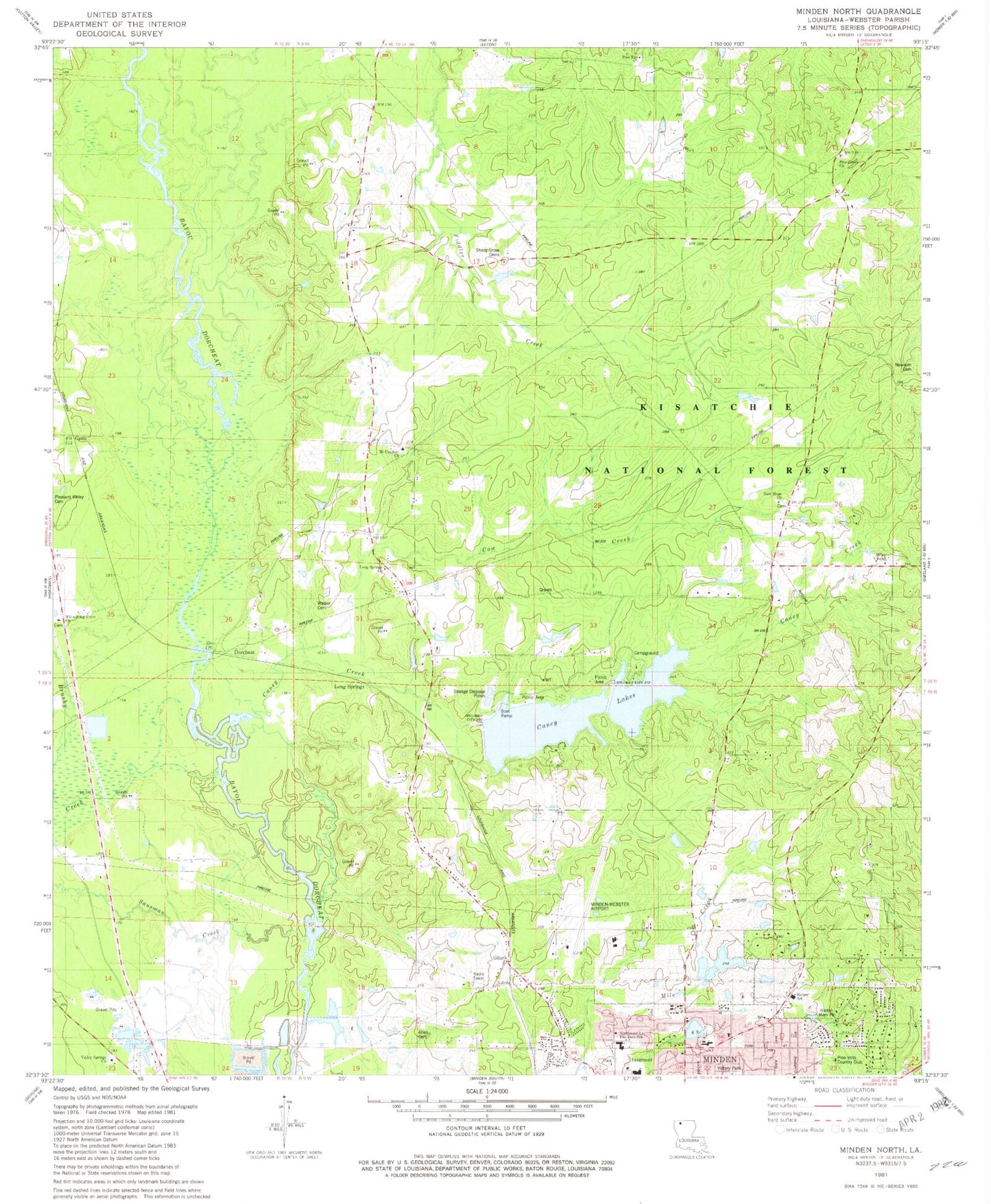 Classic USGS Minden North Louisiana 7.5'x7.5' Topo Map Image
