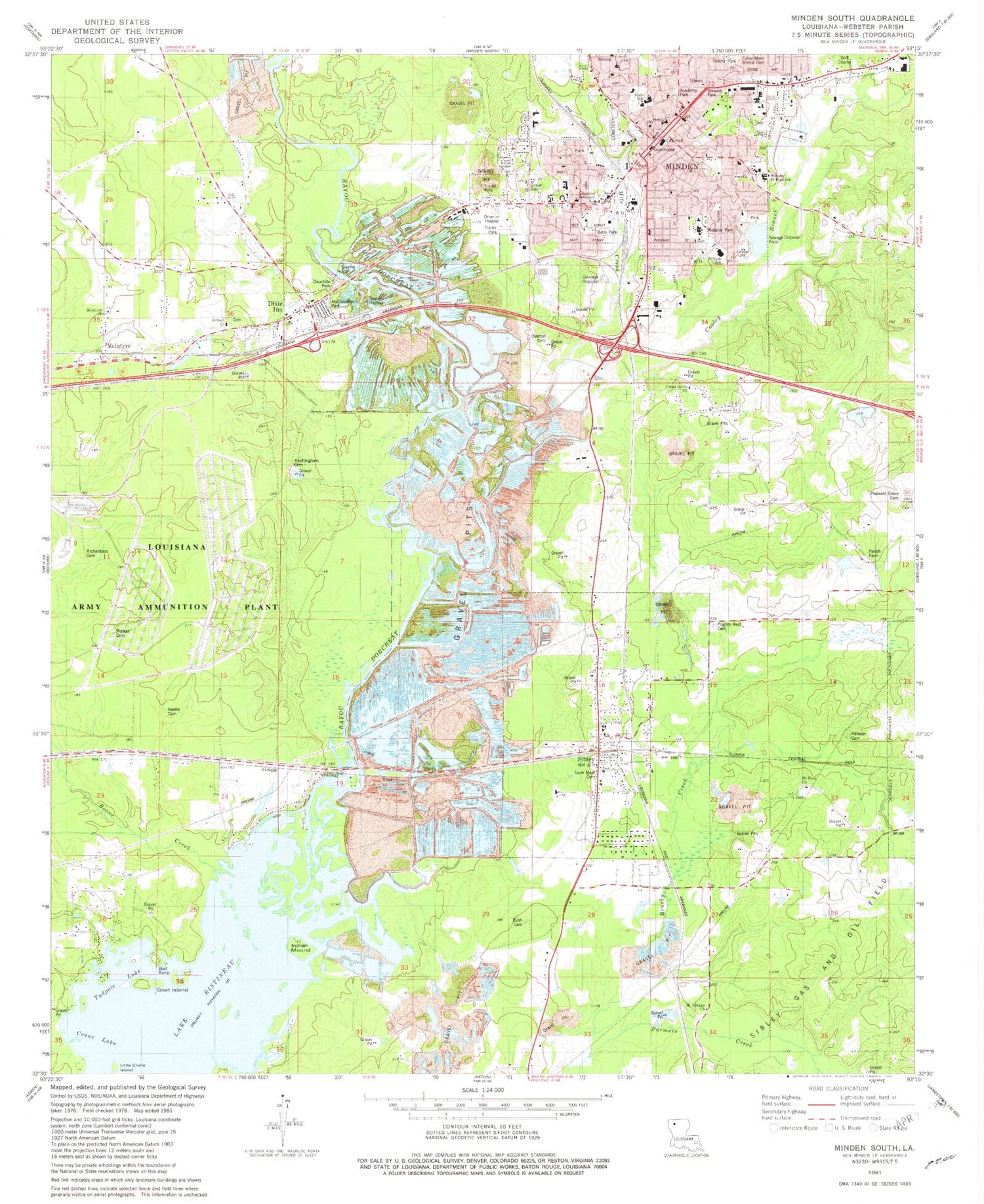 Classic USGS Minden South Louisiana 7.5'x7.5' Topo Map Image
