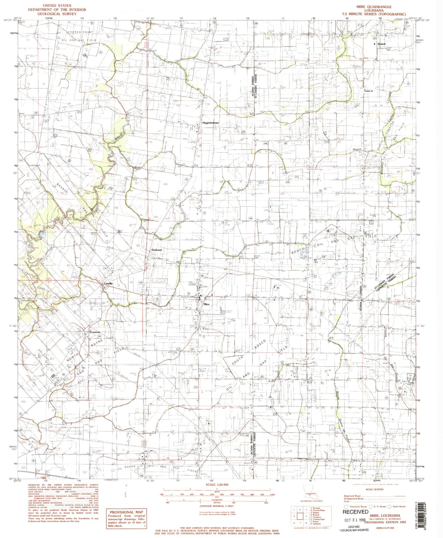 Classic USGS Mire Louisiana 7.5'x7.5' Topo Map Image