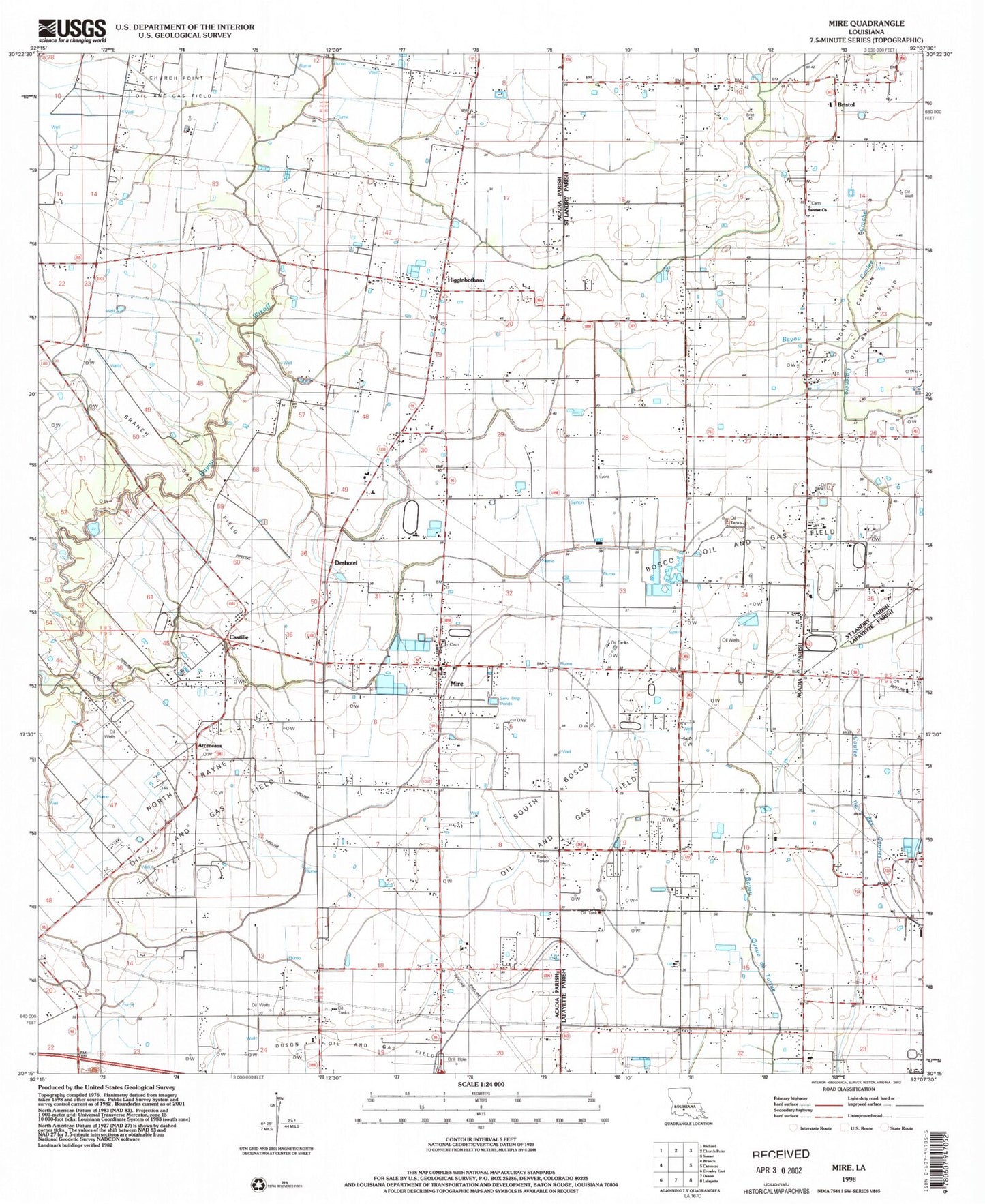 Classic USGS Mire Louisiana 7.5'x7.5' Topo Map Image