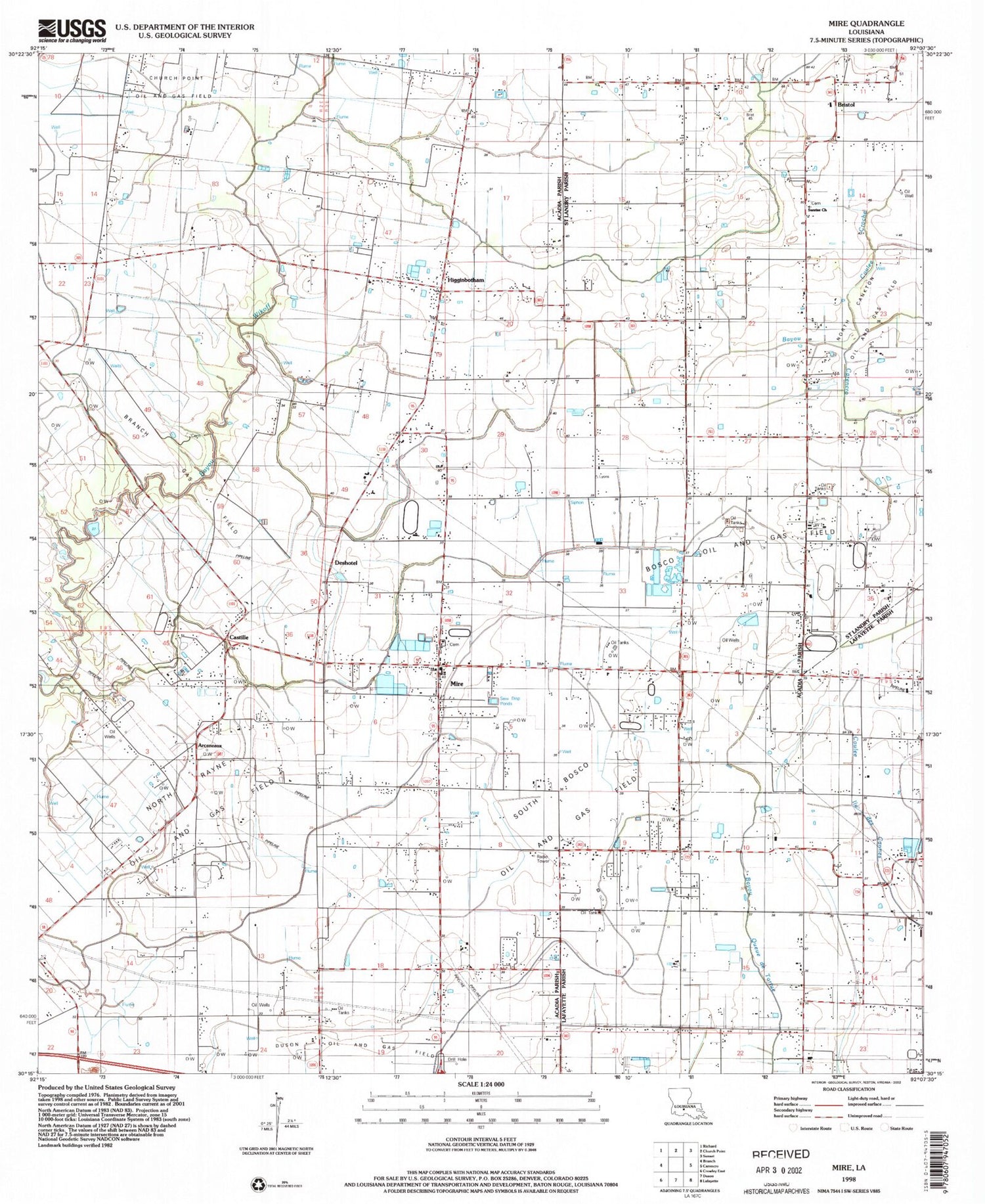 Classic USGS Mire Louisiana 7.5'x7.5' Topo Map Image