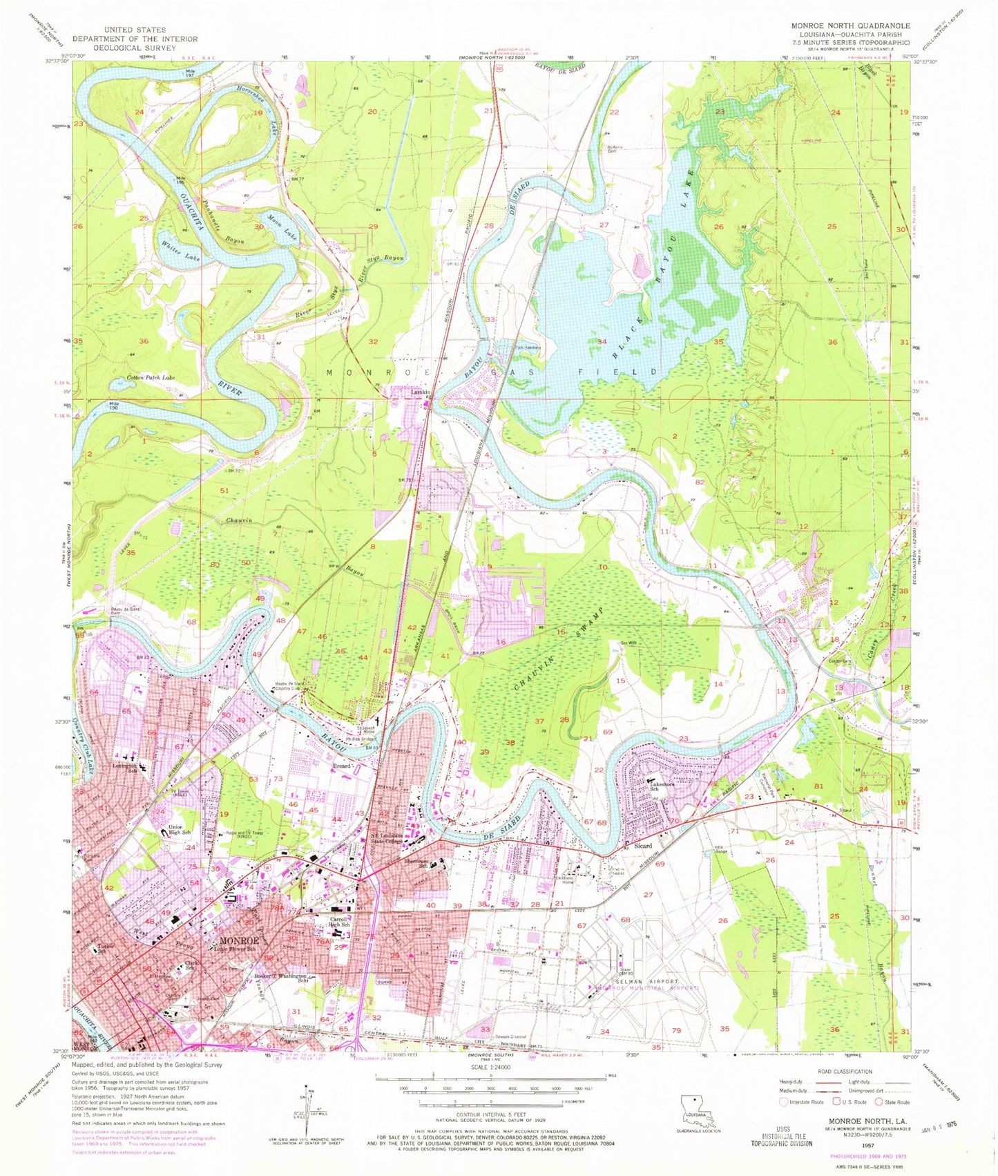 Classic USGS Monroe North Louisiana 7.5'x7.5' Topo Map Image