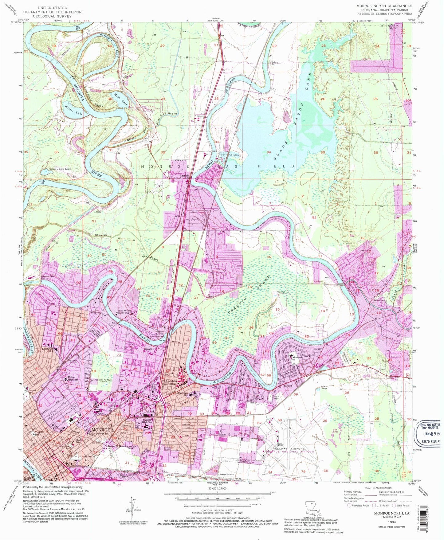 Classic USGS Monroe North Louisiana 7.5'x7.5' Topo Map Image