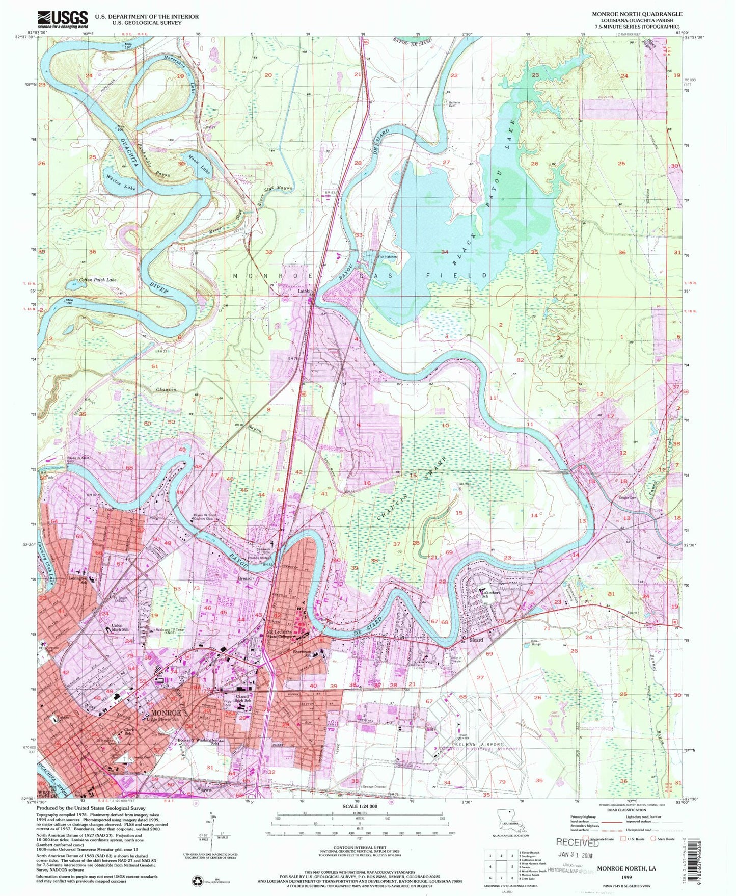 Classic USGS Monroe North Louisiana 7.5'x7.5' Topo Map Image